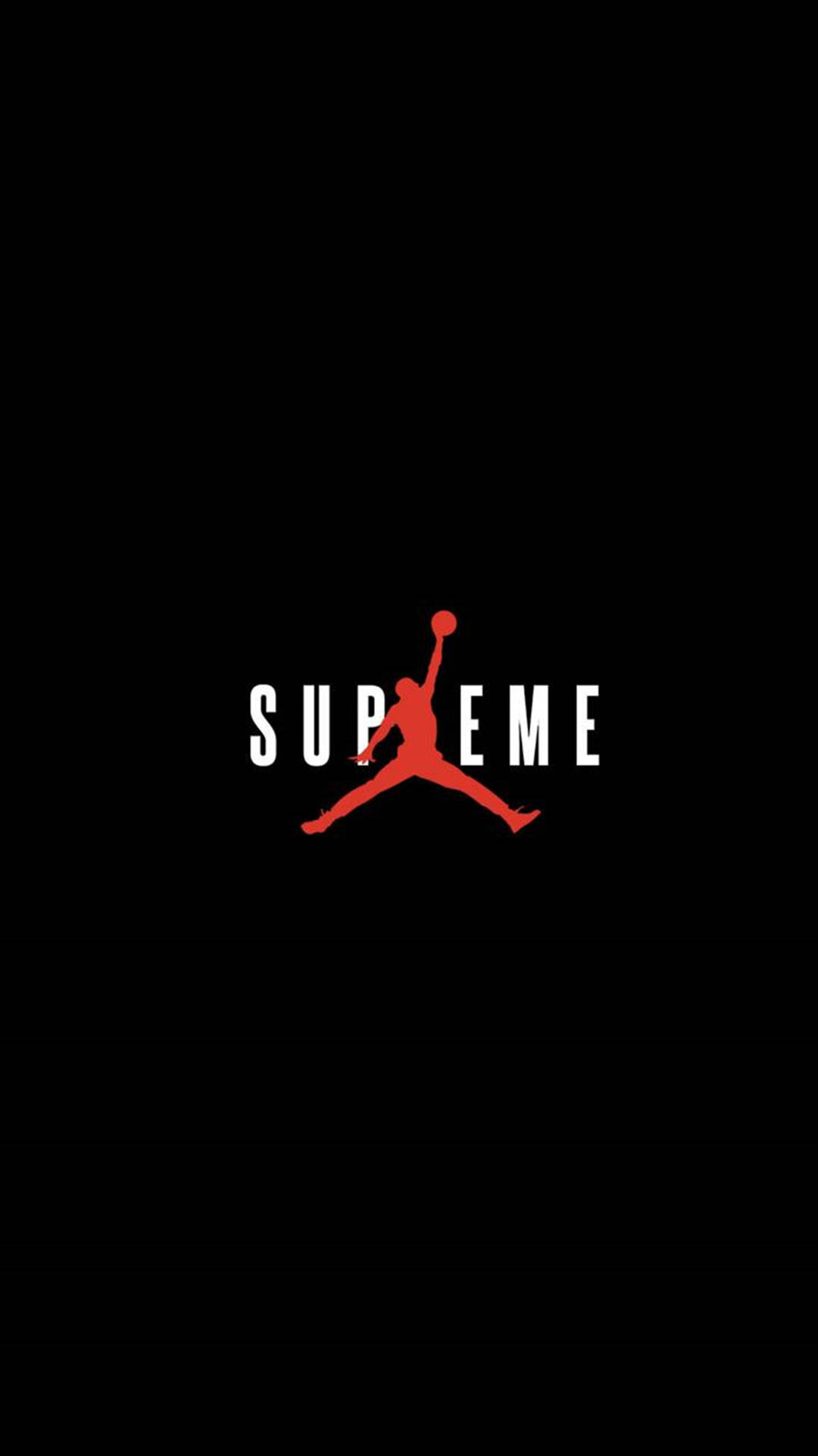 紅色Jumpman標誌與supreme字樣結合，置於黑色背景上。 — Jordan Logo 壁紙