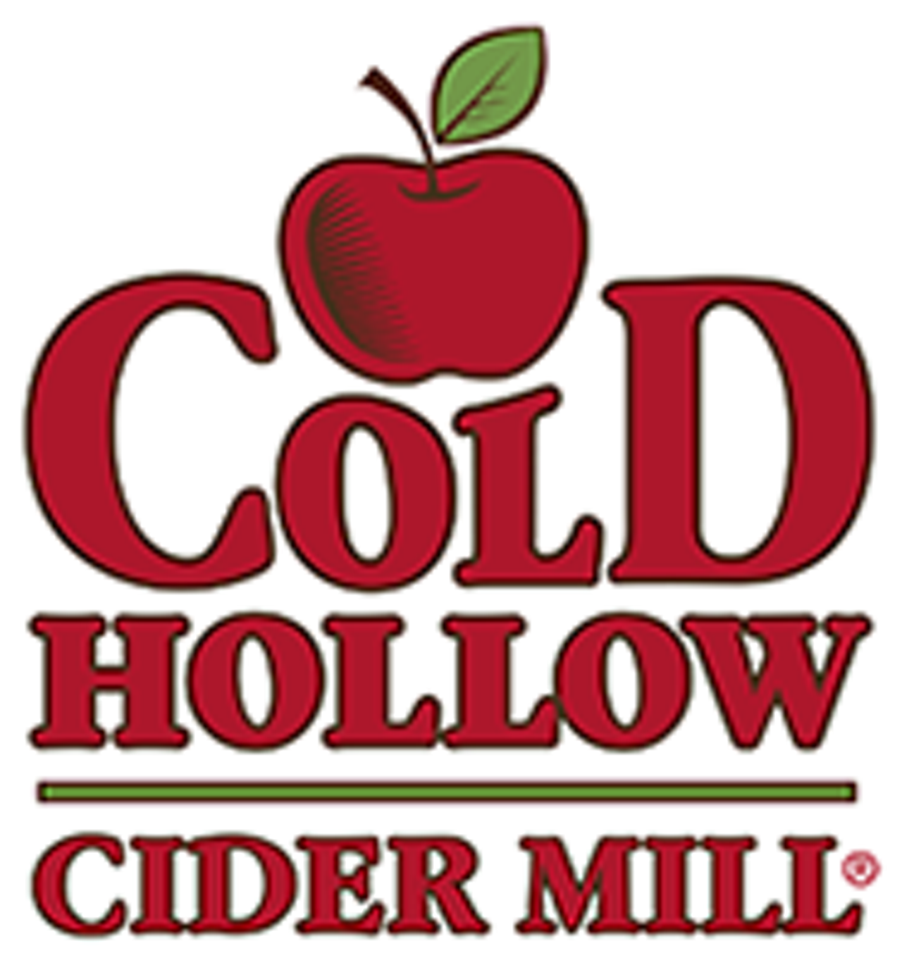 Cider 桌布 壁紙 — Cold Hollow Cider Mill 的大膽紅色標誌，品牌名稱上方有一個風格化的蘋果，以粗紅色字體呈現。