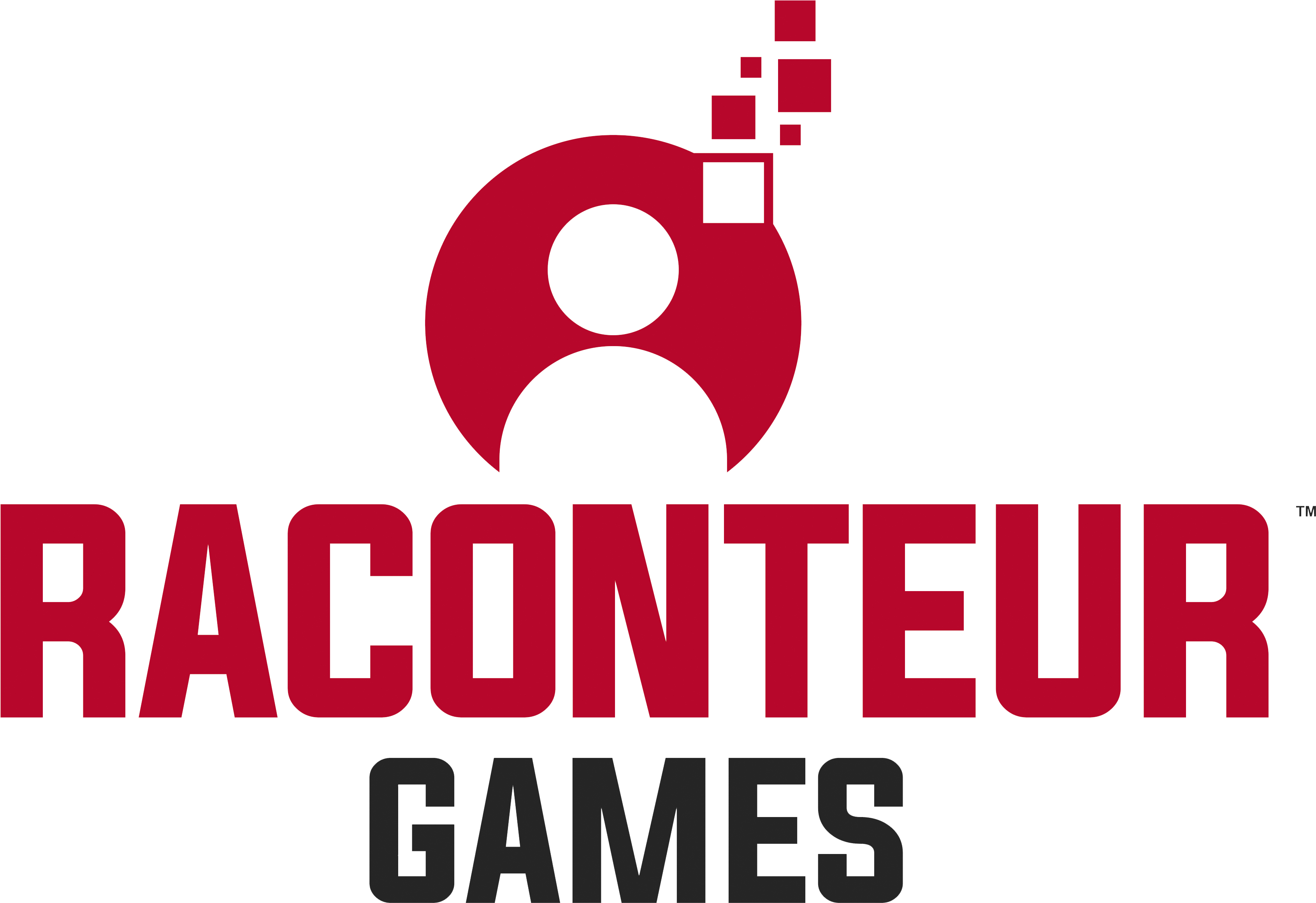 標誌 桌布 壁紙 — Raconteur Games 的醒目紅色標誌，採用風格化的圓形圖標，在黑色背景上的粗體文字上方帶有像素化方塊。