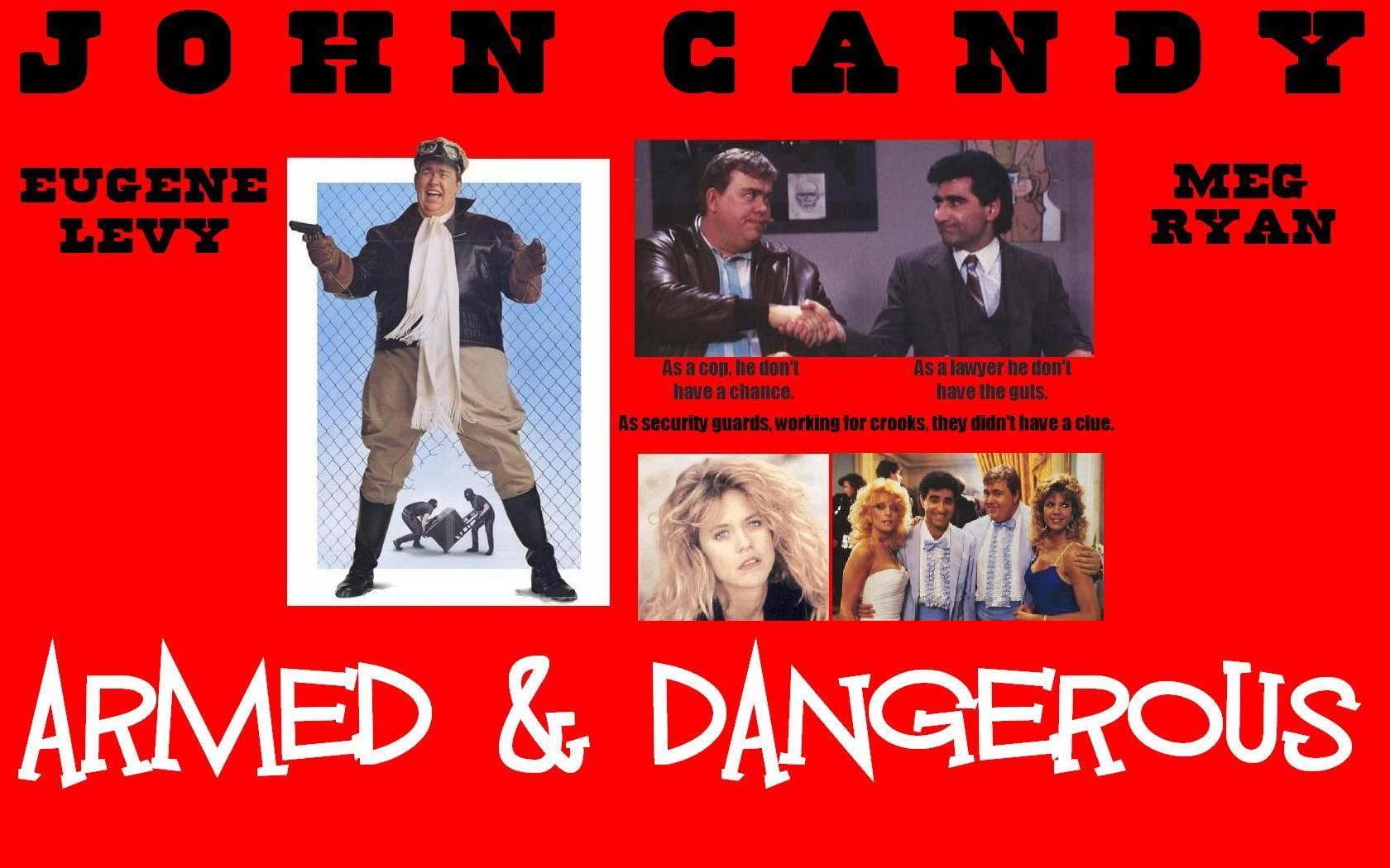 約翰·坎迪 桌布 壁紙 — 《Armed & Dangerous》的大膽紅色電影海報，由John Candy、Eugene Levy和Meg Ryan主演，充滿搞笑動作場面。