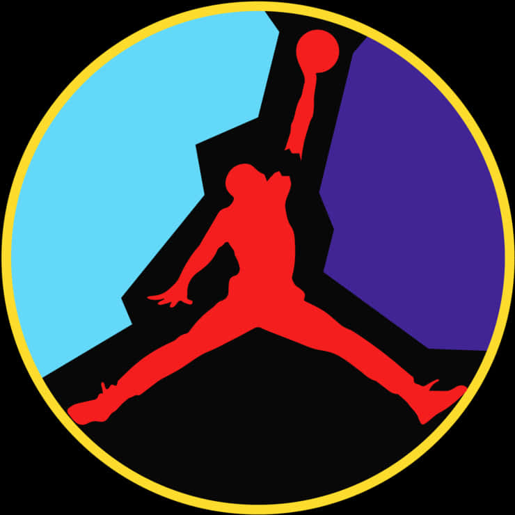 紅色籃球運動員剪影在圓形標誌中灌籃，背景為藍色和紫色。 — Jordan Logo 壁紙