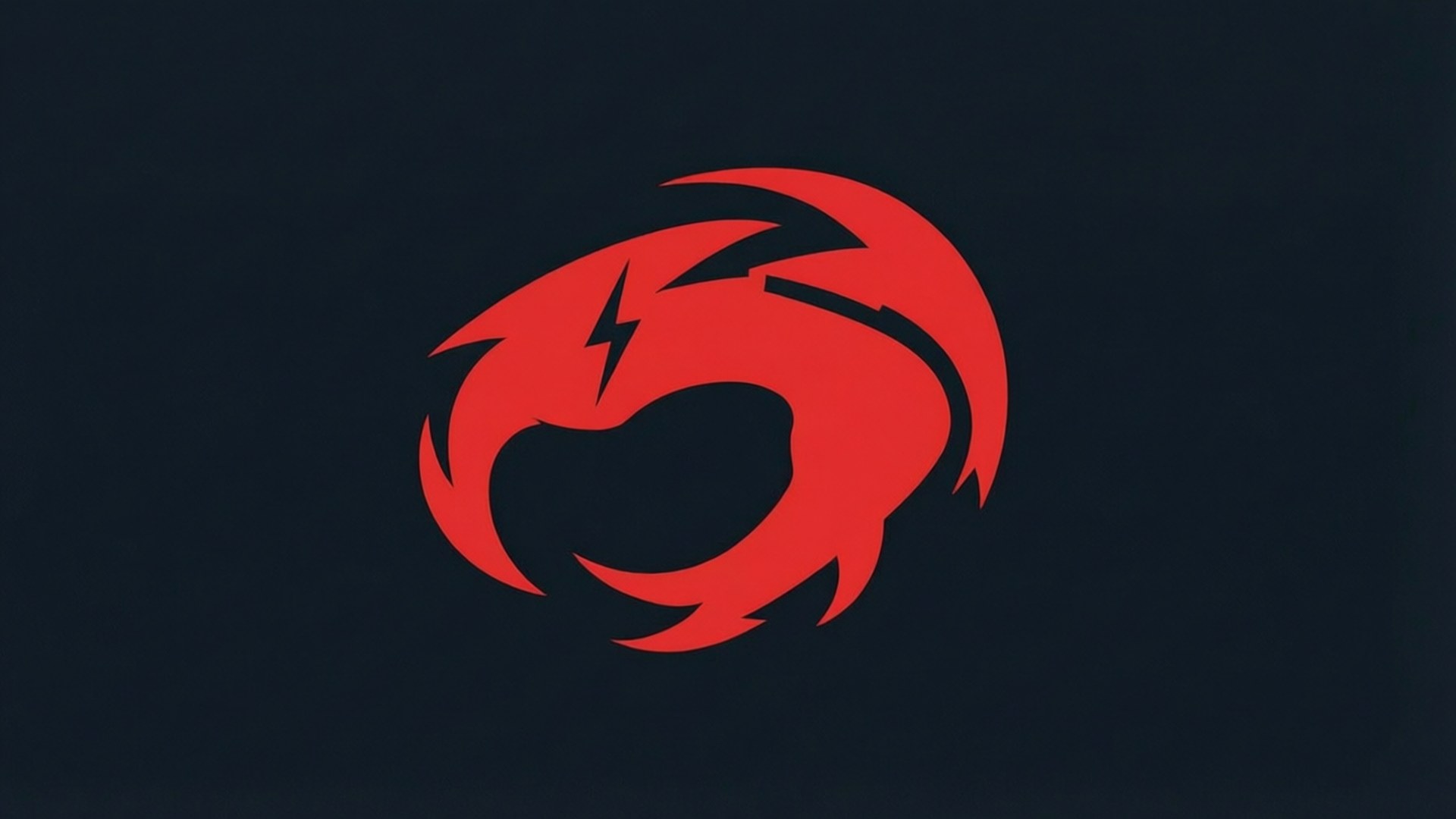Minimalist Thundercats Logo 壁紙 — 一個大膽的紅色風格化龍標誌，內部有閃電在漩渦中，背景為深海軍藍。