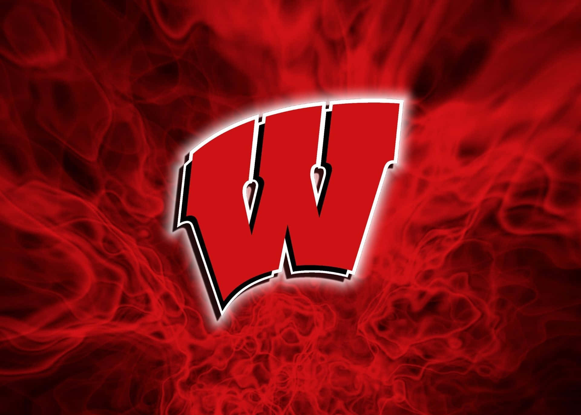 Wisconsin Badgers 桌布 壁紙 — 一個大膽的紅色風格化W標誌，帶有白色和黑色邊框，在旋轉的火焰紅色背景上發光。