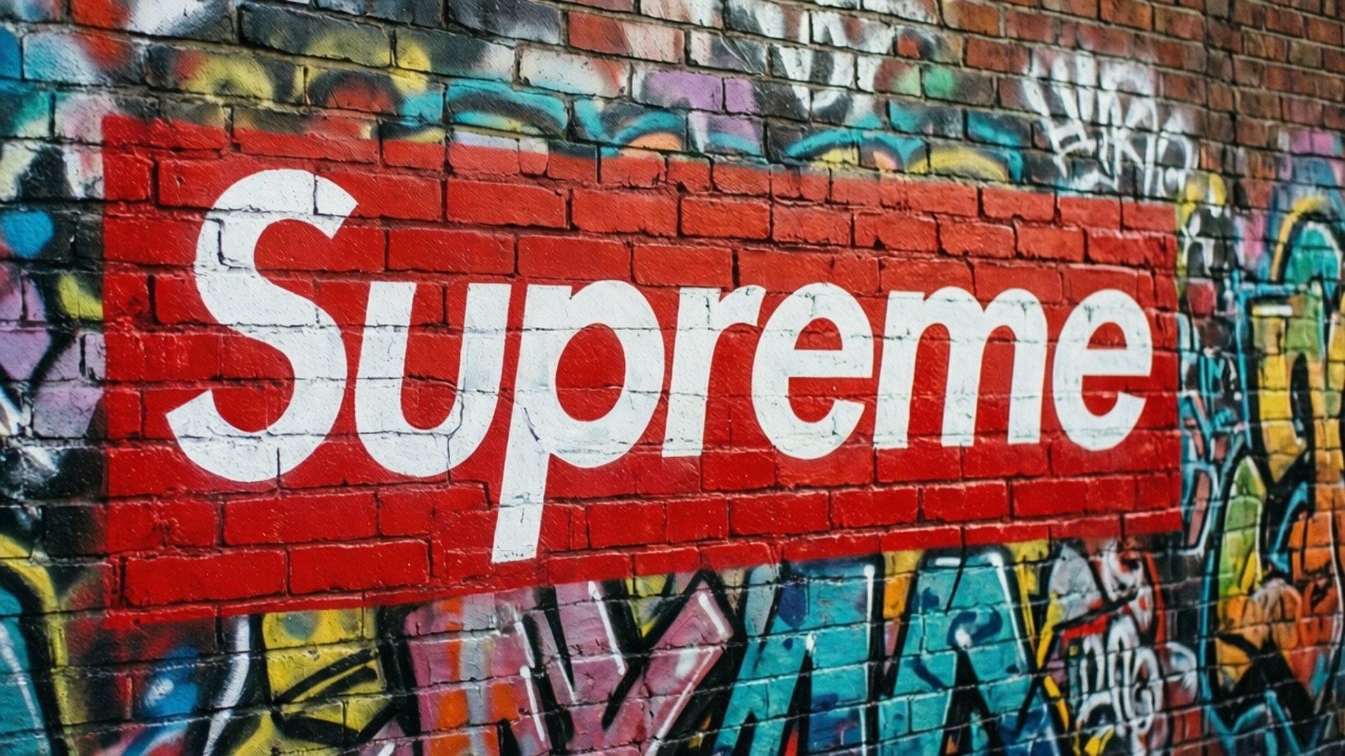 Supreme Graffiti Wall 壁紙 — 一個大膽的紅色Supreme標誌，白色字體塗在佈滿彩色塗鴉的磚牆上。