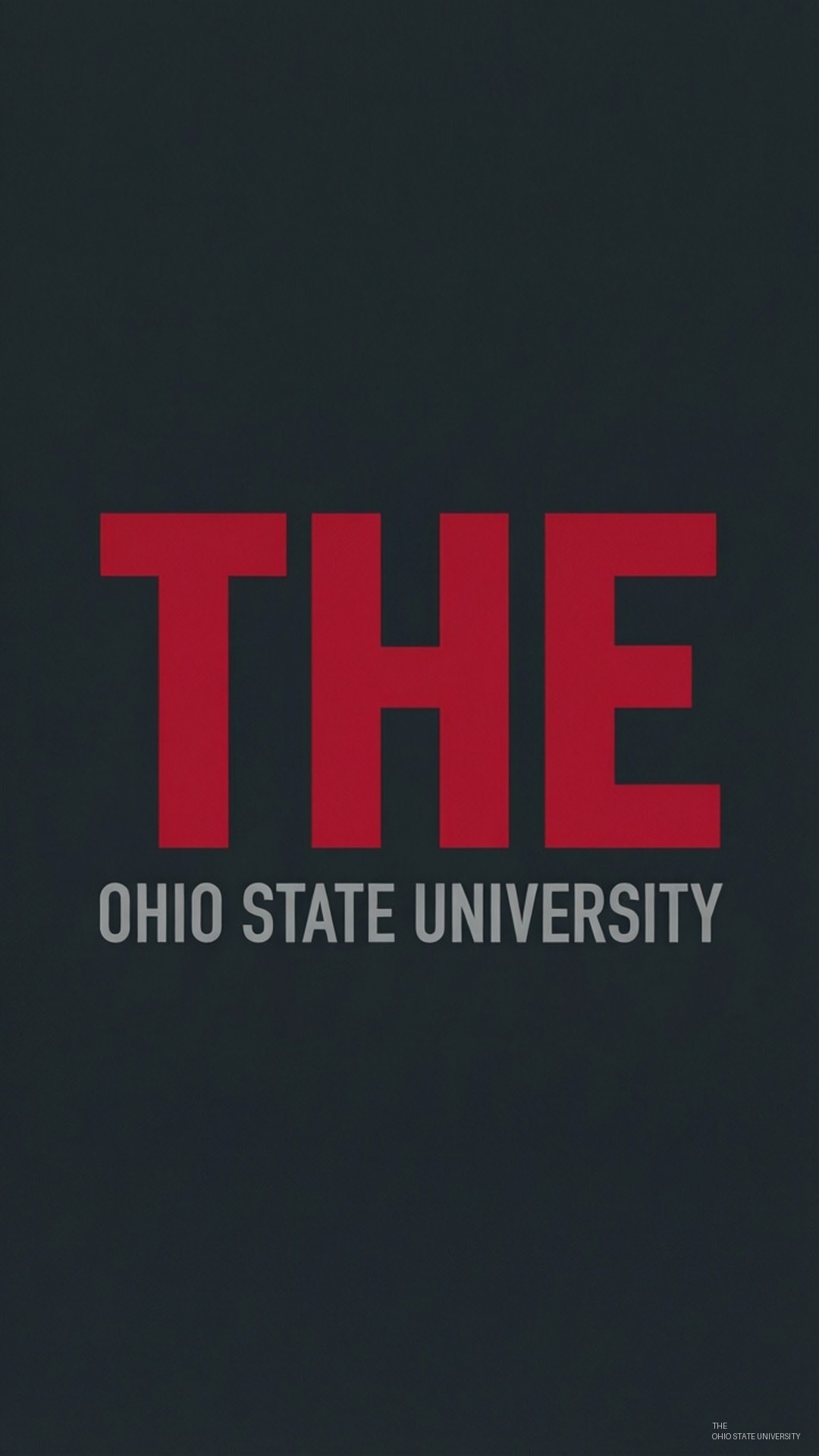 THE Ohio State 壁紙 — 粗體紅色文字 THE 位於較小的灰色俄亥俄州立大學文字上方，背景為深灰色。
