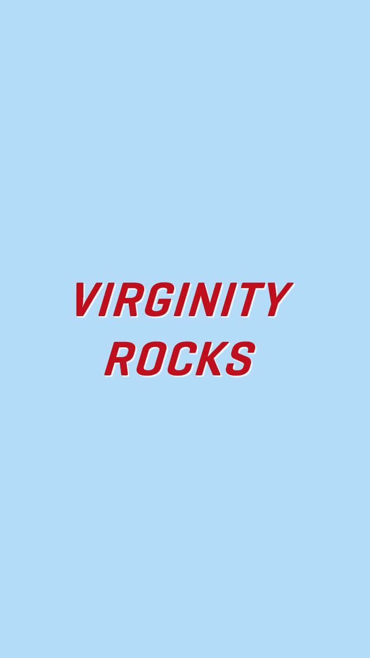  壁紙 — 粗體紅色文字 VIRGINITY ROCKS 居中於純淺藍色背景上。