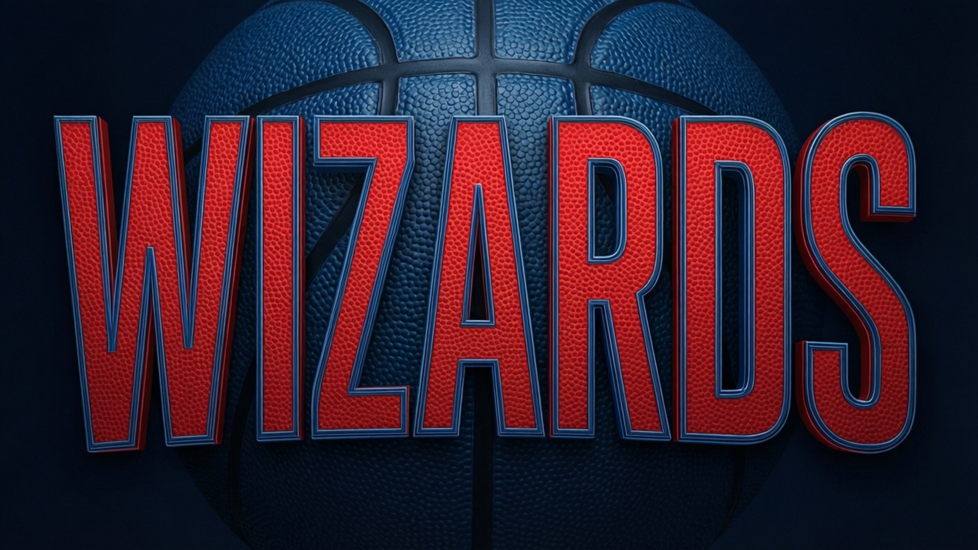 Wizards Typography 壁紙 — 帶有藍色輪廓的粗體紅色紋理 'WIZARDS' 字母位於一個細節豐富的藍色籃球前，背景為深色。