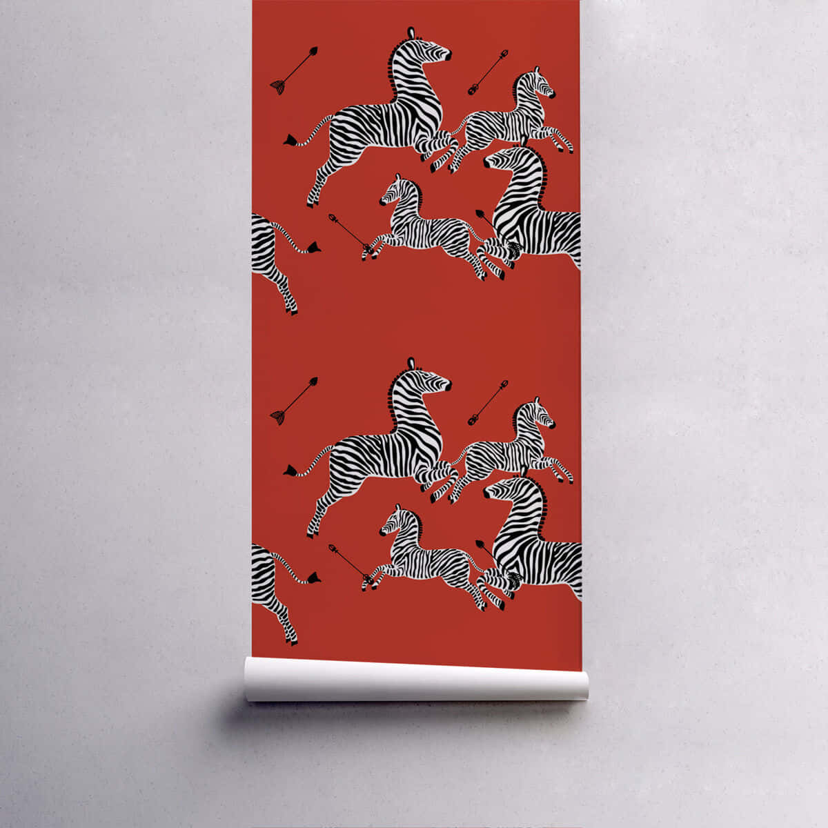  壁紙 — 一卷大膽的紅色壁紙，上面有風格化的黑白斑馬，以動態姿勢搭配箭頭。