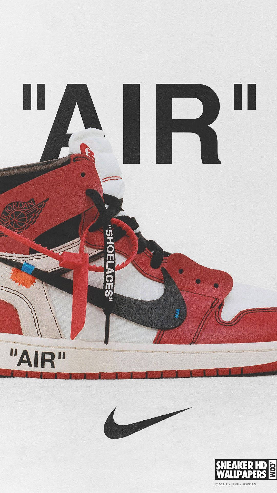 紅白黑 Air Jordan 運動鞋，帶有 Off White 品牌標識和大膽字體。 — Air Jordan 壁紙