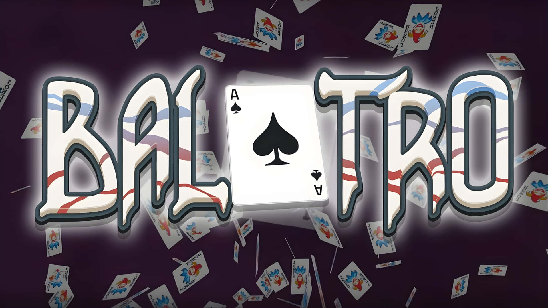  壁紙 — 粗體風格文字 BAL TRO，黑桃 A 置中於漂浮的撲克牌之間，背景為深紫色。