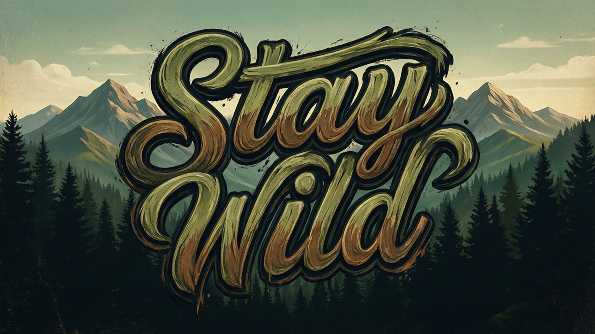 Stay Wild Outdoors 壁紙 — 粗體紋理字體寫著「Stay Wild」，疊加在柔和天空的山林場景上。