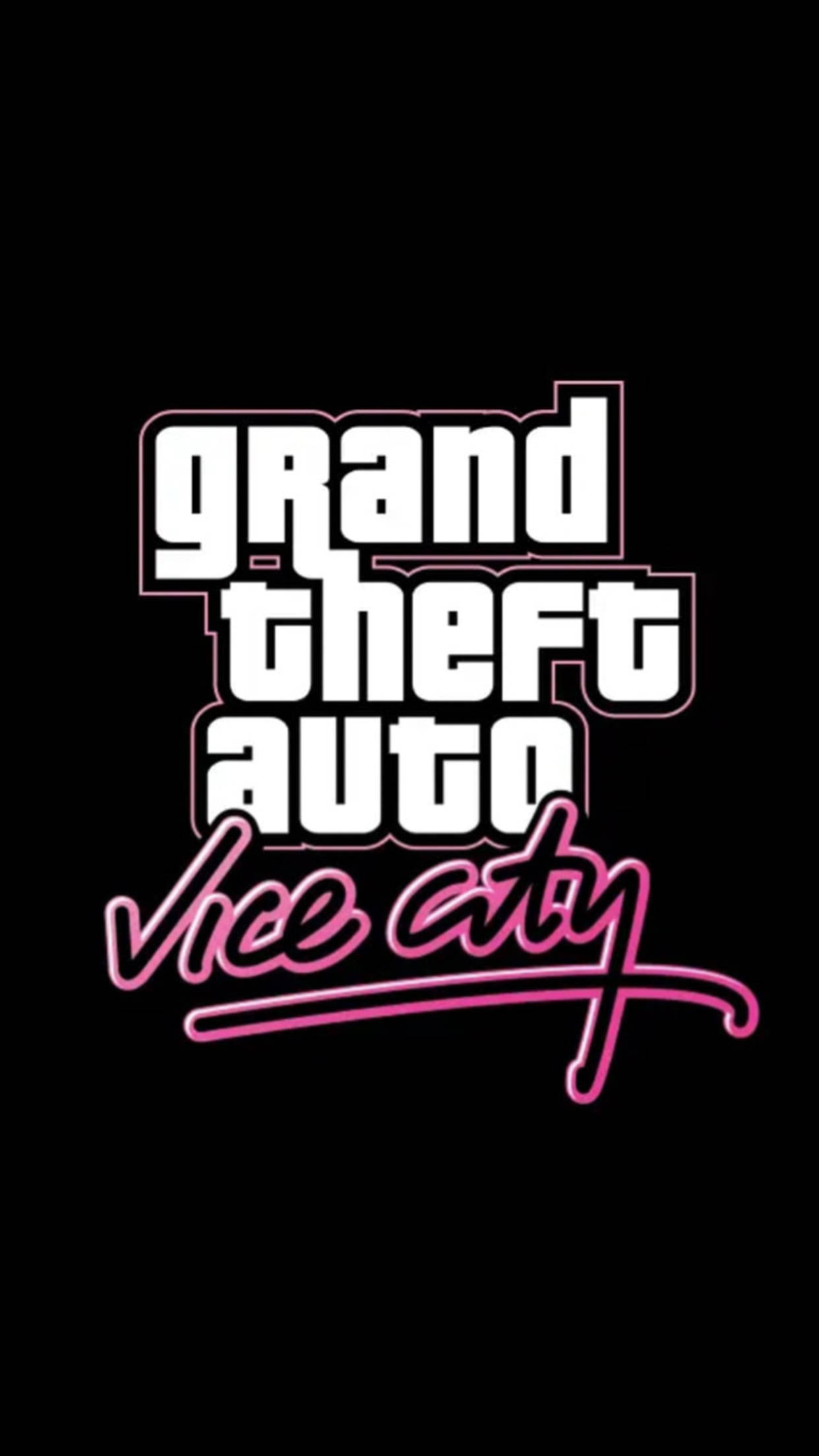 gta iPhone 桌布 壁紙 — Grand Theft Auto Vice City 的大膽白色和粉紅色霓虹燈風格文字在純黑色背景上發光。