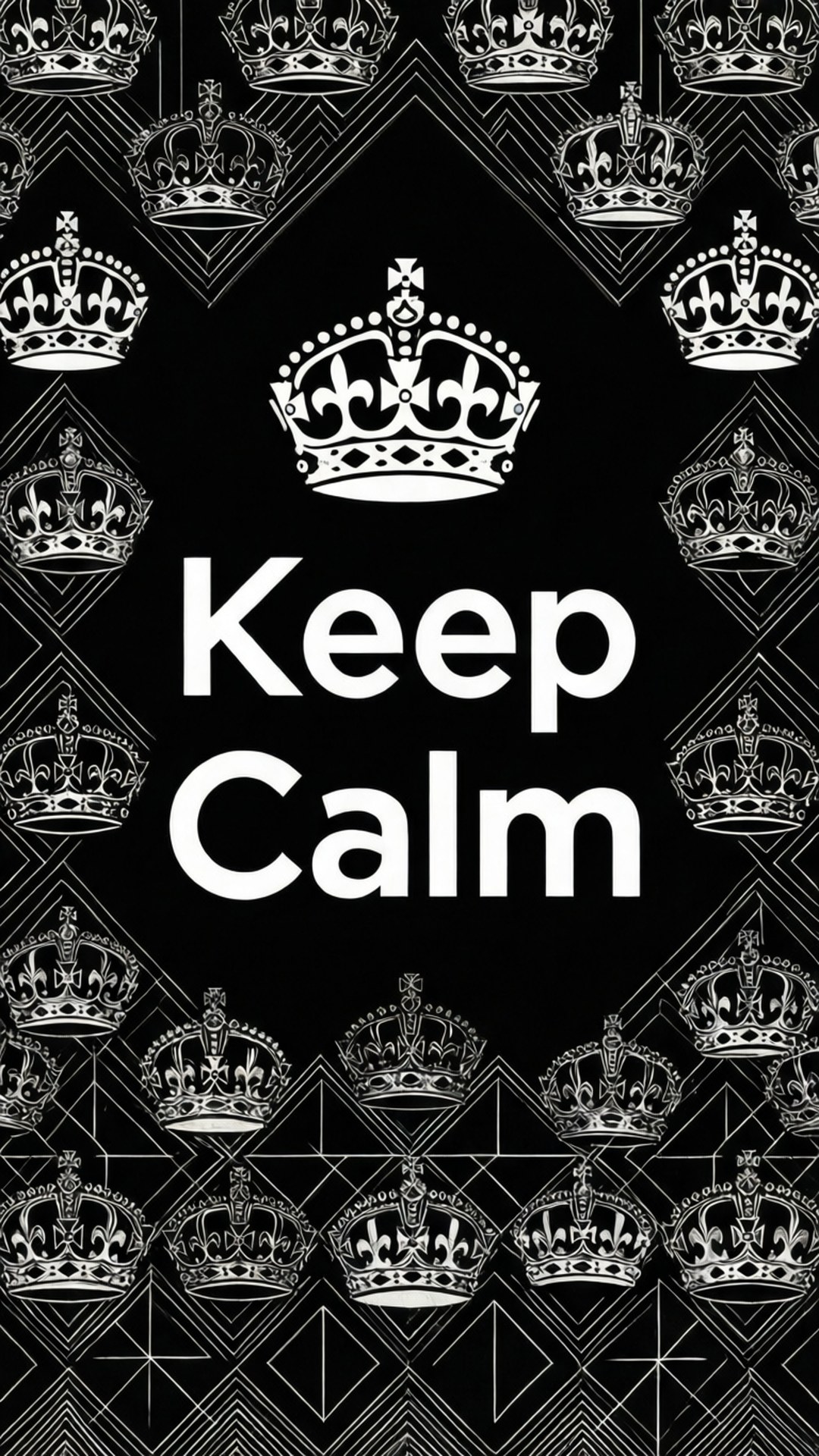 keep 桌布 壁紙 — 大膽的白色皇冠和「Keep Calm」文字居中於黑色背景上，帶有重複的幾何皇冠圖案。