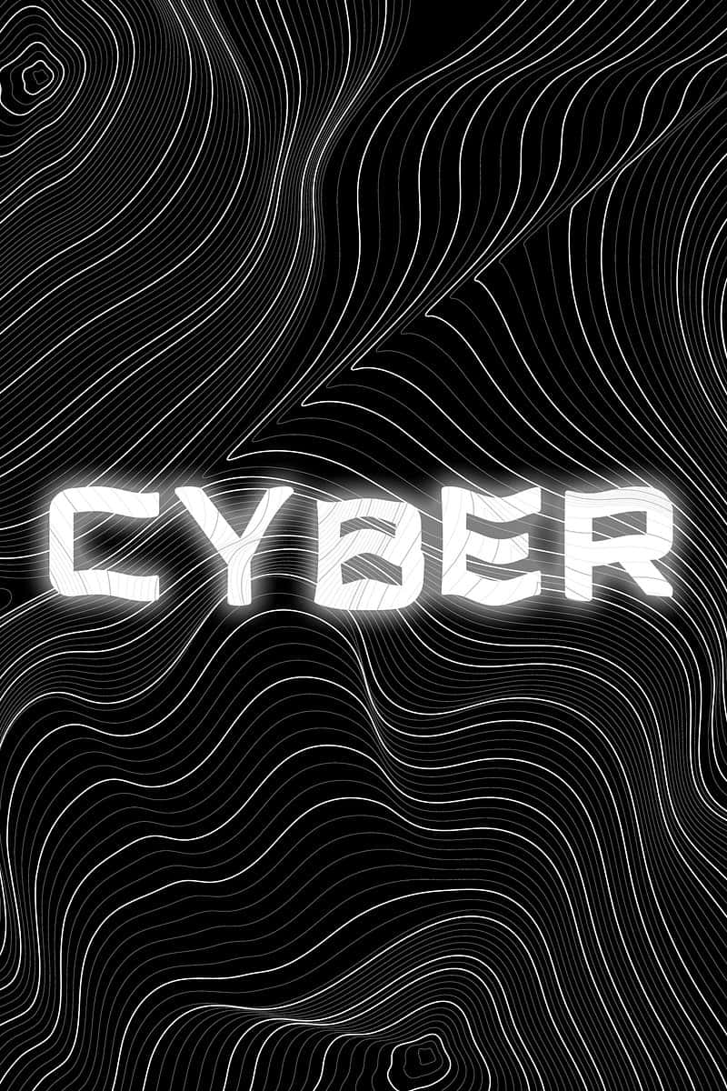  壁紙 — 大膽的白色「CYBER」文字在黑色背景上發光，背景有流動的白色輪廓線，營造出未來感的數位波浪效果。