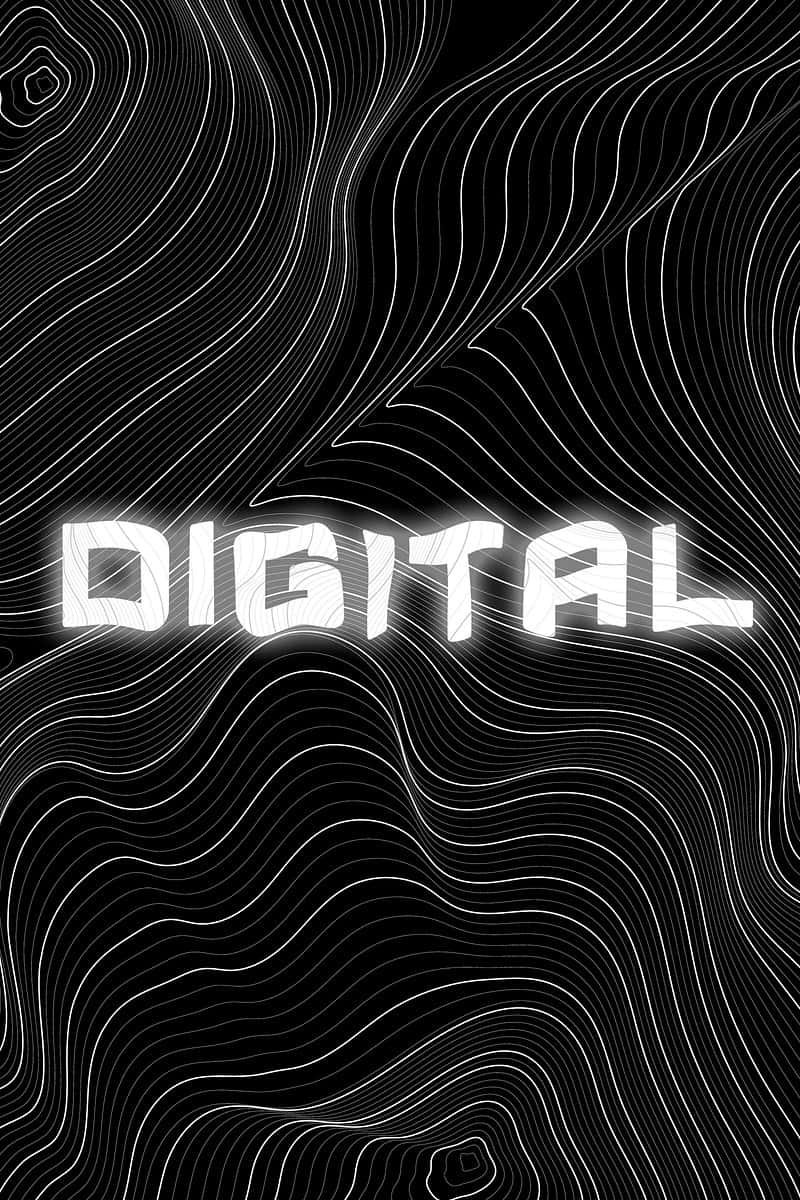  壁紙 — 粗體白色 'DIGITAL' 文字在黑色背景上發光，背景有流動的白色輪廓線，營造出未來主義的抽象設計。