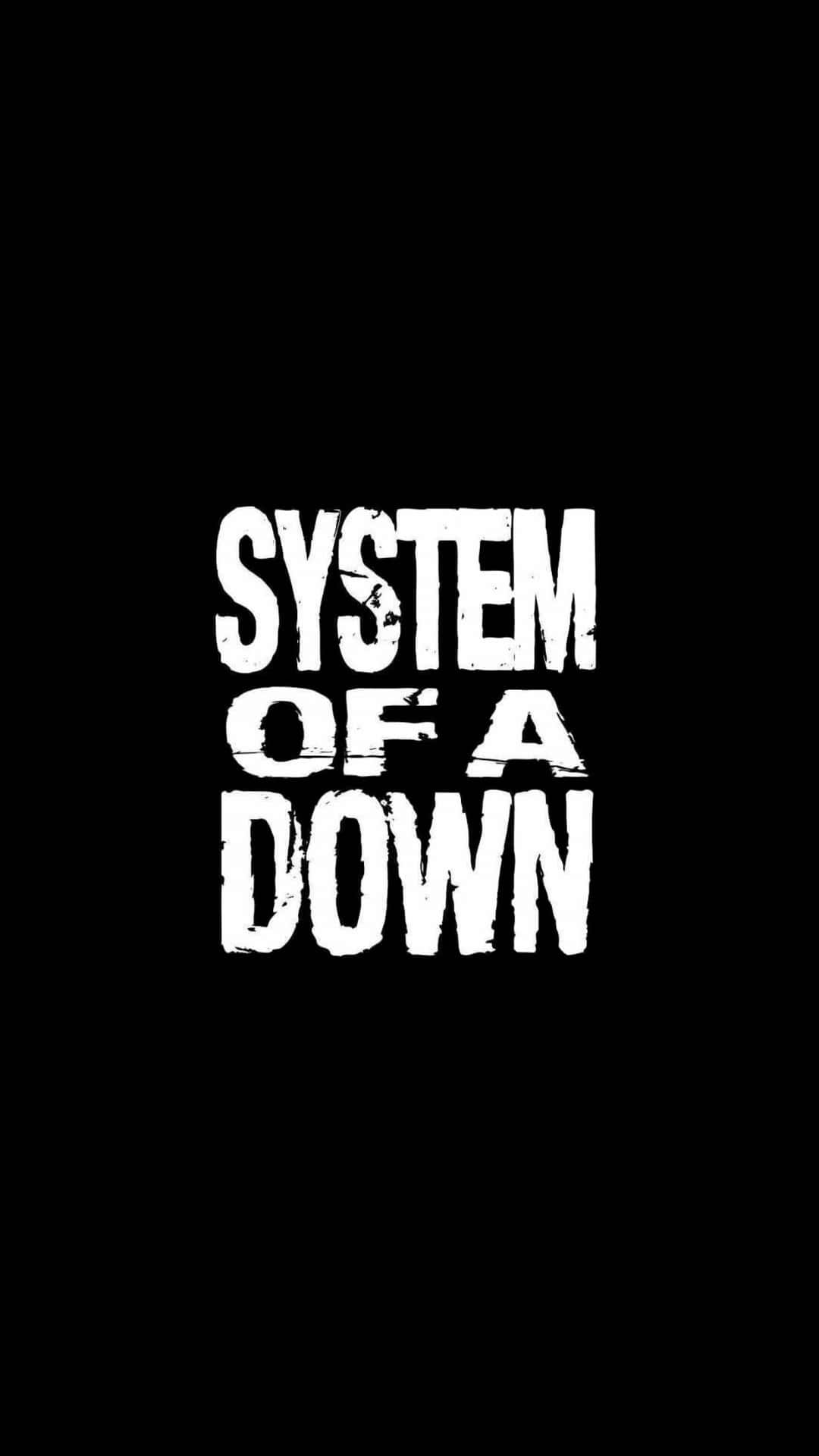  壁紙 — 粗體白色破損文字拼寫 SYSTEM OF A DOWN，居中於純黑色背景上。