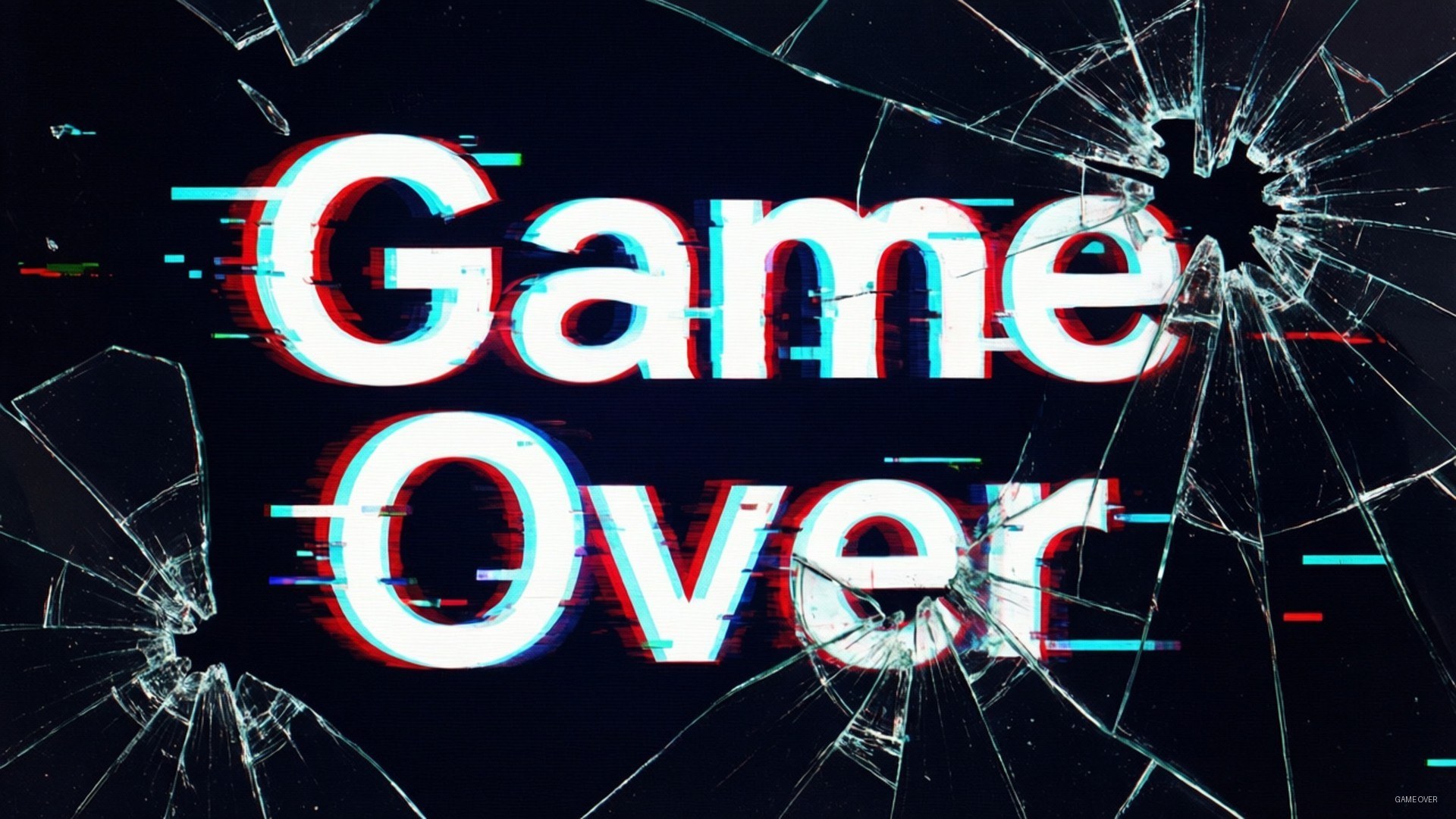 Game Over Glitch 壁紙 — 大膽的白色故障文字「遊戲結束」穿過碎玻璃在黑暗背景上出現。