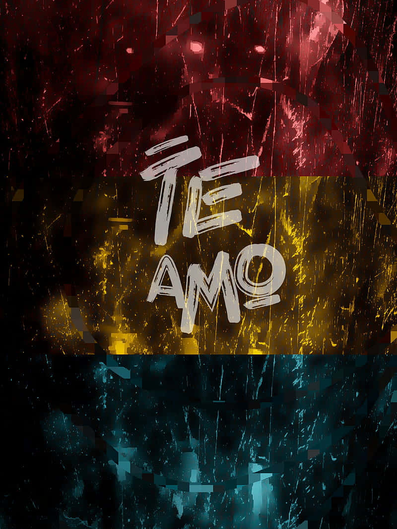  壁紙 — 大膽的白色塗鴉文字「TE AMO」在紅、黃、青綠色的三分抽象背景上，帶有數位故障效果，格外突出。