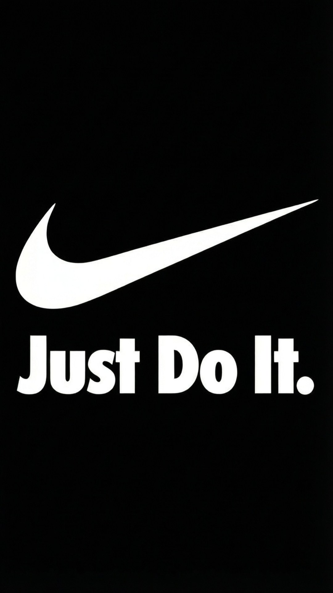Just Do It Swoosh 壁紙 — 大膽的白色Nike勾勾和'Just Do It.'標語居中在純黑色背景上。