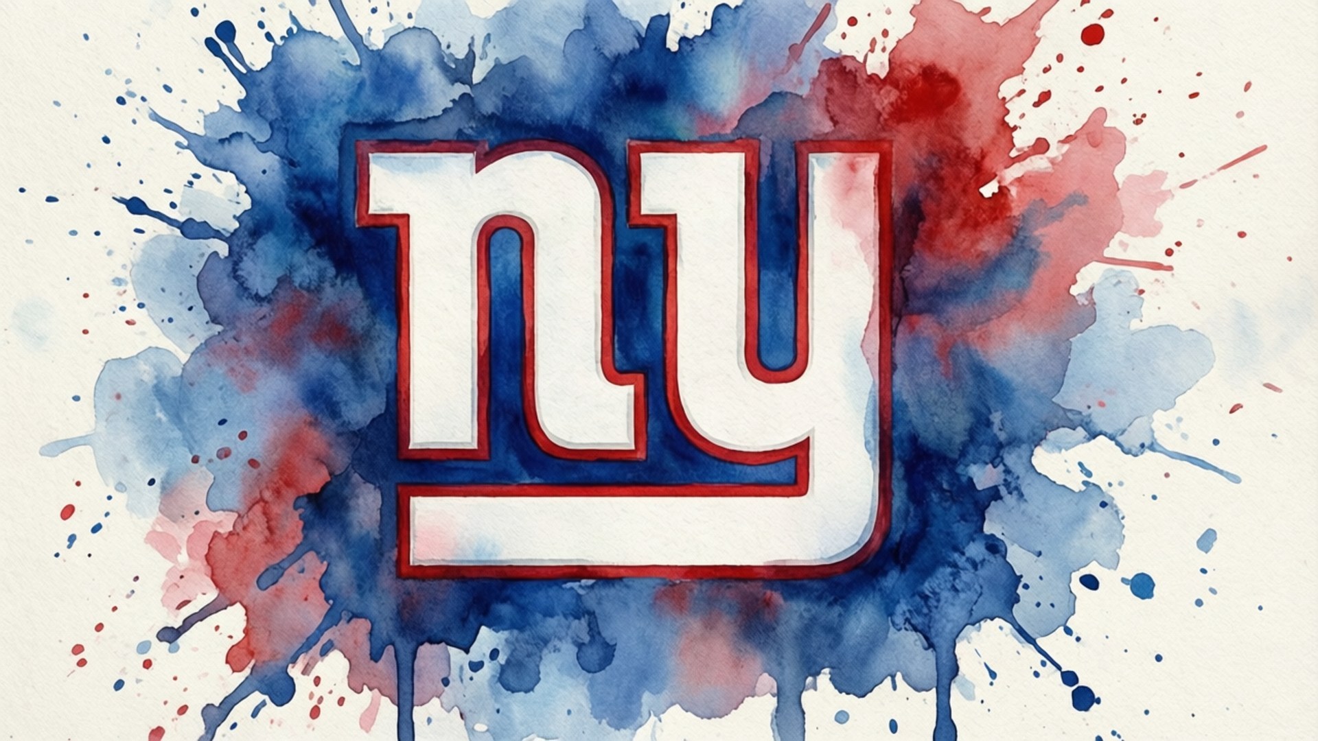 Watercolor Giants Logo 壁紙 — 在奶油色背景上，動態的藍色和紅色水彩潑濺中，置中一個帶有紅色輪廓的粗體白色NY標誌。