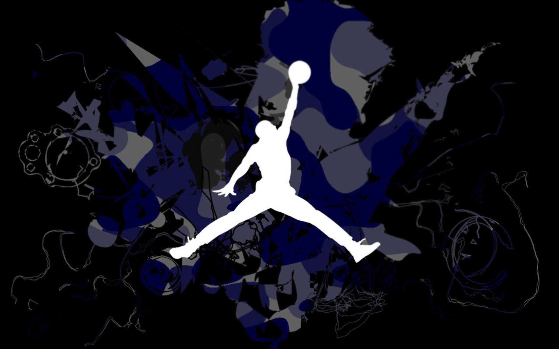 白色籃球運動員剪影在深藍色抽象背景上灌籃。 — Air Jordan 壁紙