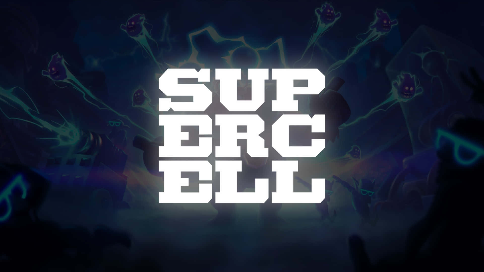  壁紙 — 大膽的白色Supercell標誌在深藍色背景上發光，帶有發光的外星生物和霓虹能量效果。