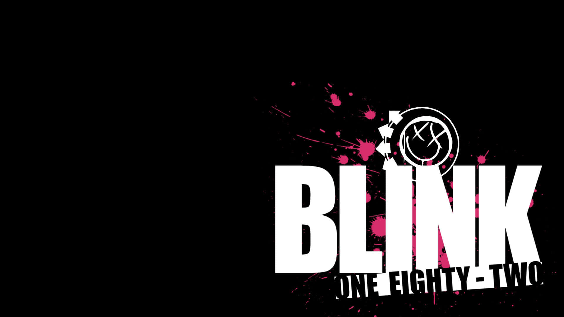  壁紙 — 黑色背景上帶有粉紅色潑濺和骷髏標誌的粗體白色文字「BLINK ONE EIGHTY-TWO」。
