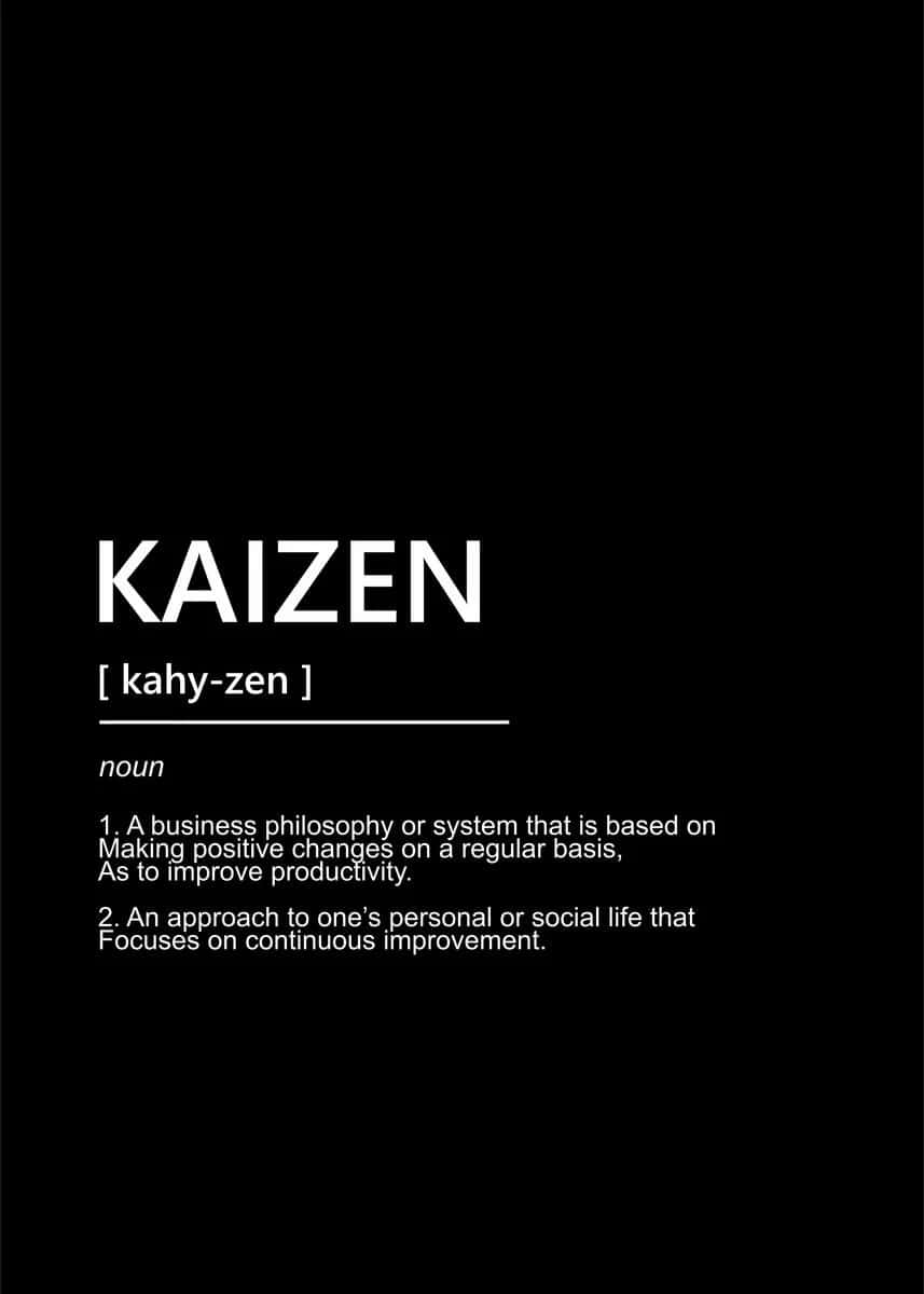  壁紙 — 粗體白色文字在純黑色背景上以字典式定義解釋改善（Kaizen）概念。
