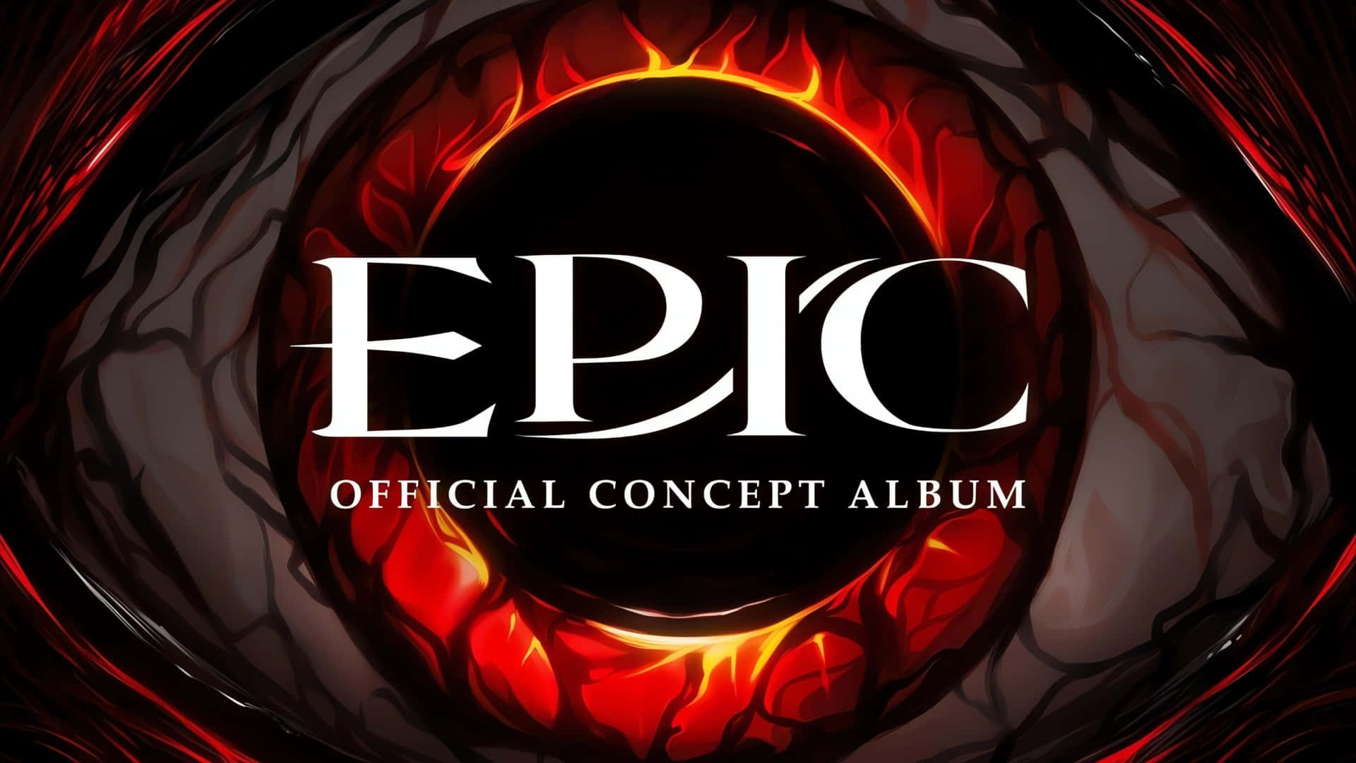  壁紙 — 粗體白色文字「EPIC」和「OFFICIAL CONCEPT ALBUM」居中於一個火紅和黑色漩渦設計中。
