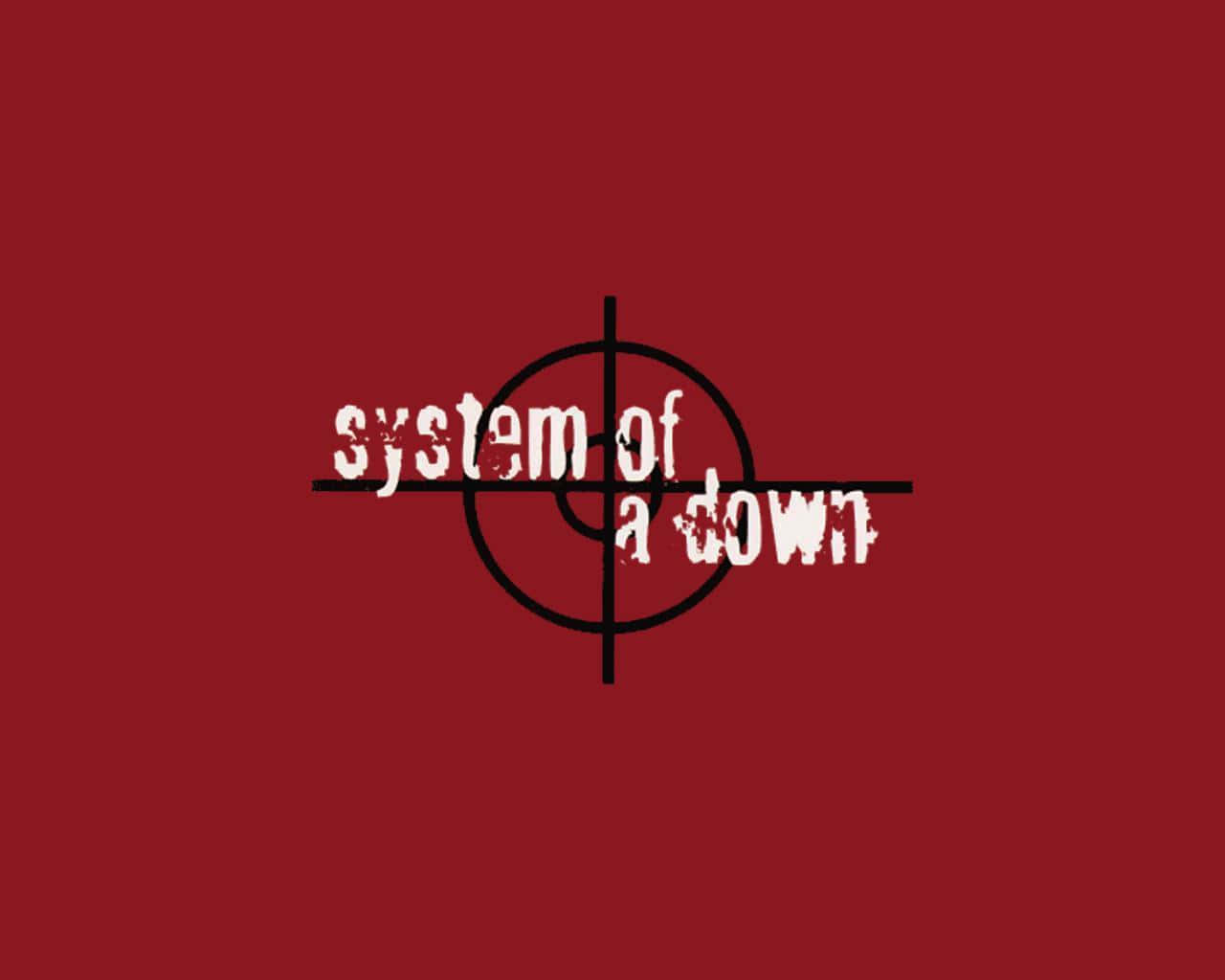  壁紙 — 粗體白色文字顯示 system of a down 居中於黑色十字準線上，背景為純紅色。