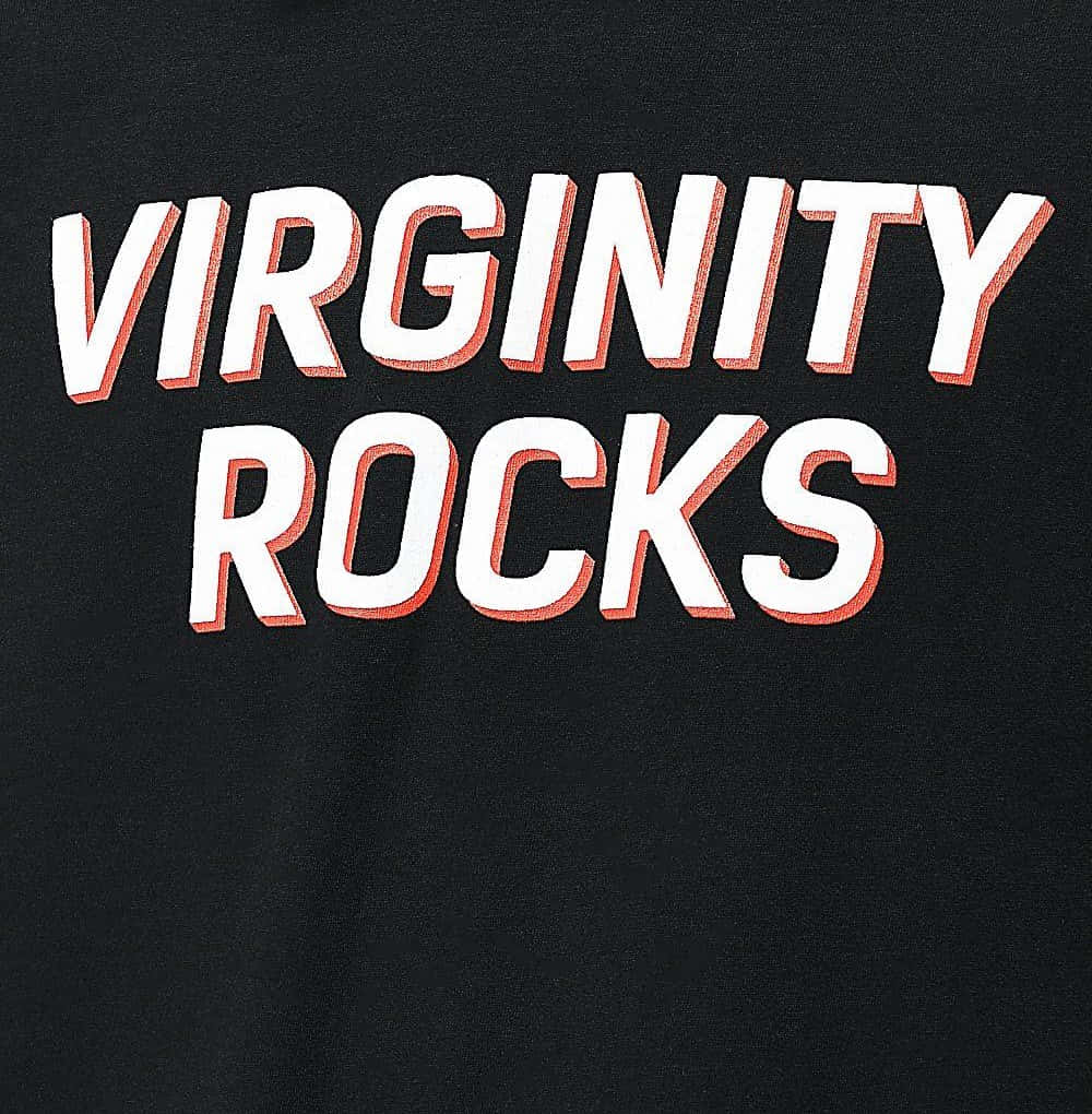  壁紙 — 黑色布料背景上，帶有橙色輪廓的粗體白色文字寫著 virginity rocks。