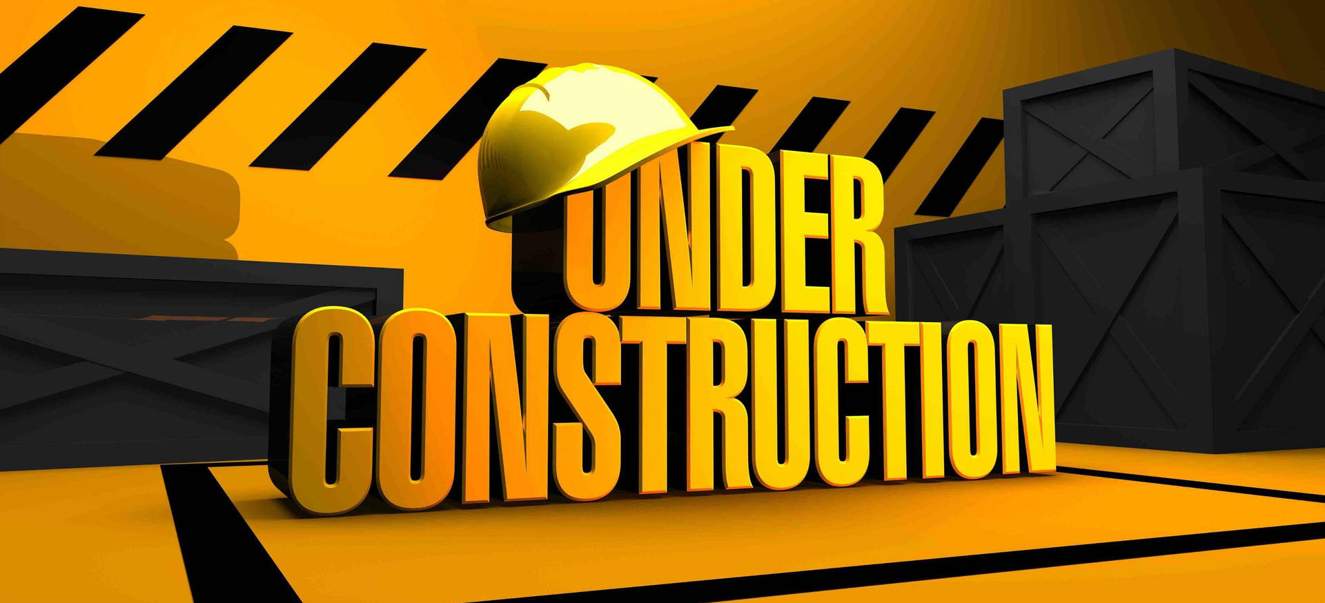 粗體黃色3D文字寫著「UNDER CONSTRUCTION」，頂部有安全帽。 — 3D 壁紙