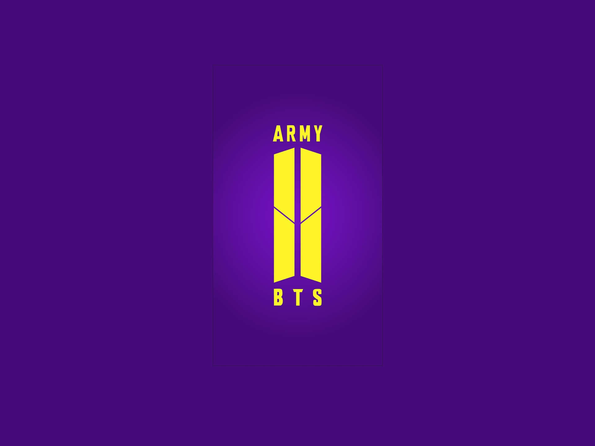  壁紙 — 大膽的黃色BTS ARMY標誌置於深紫色漸變背景中央，帶有柔和光暈。
