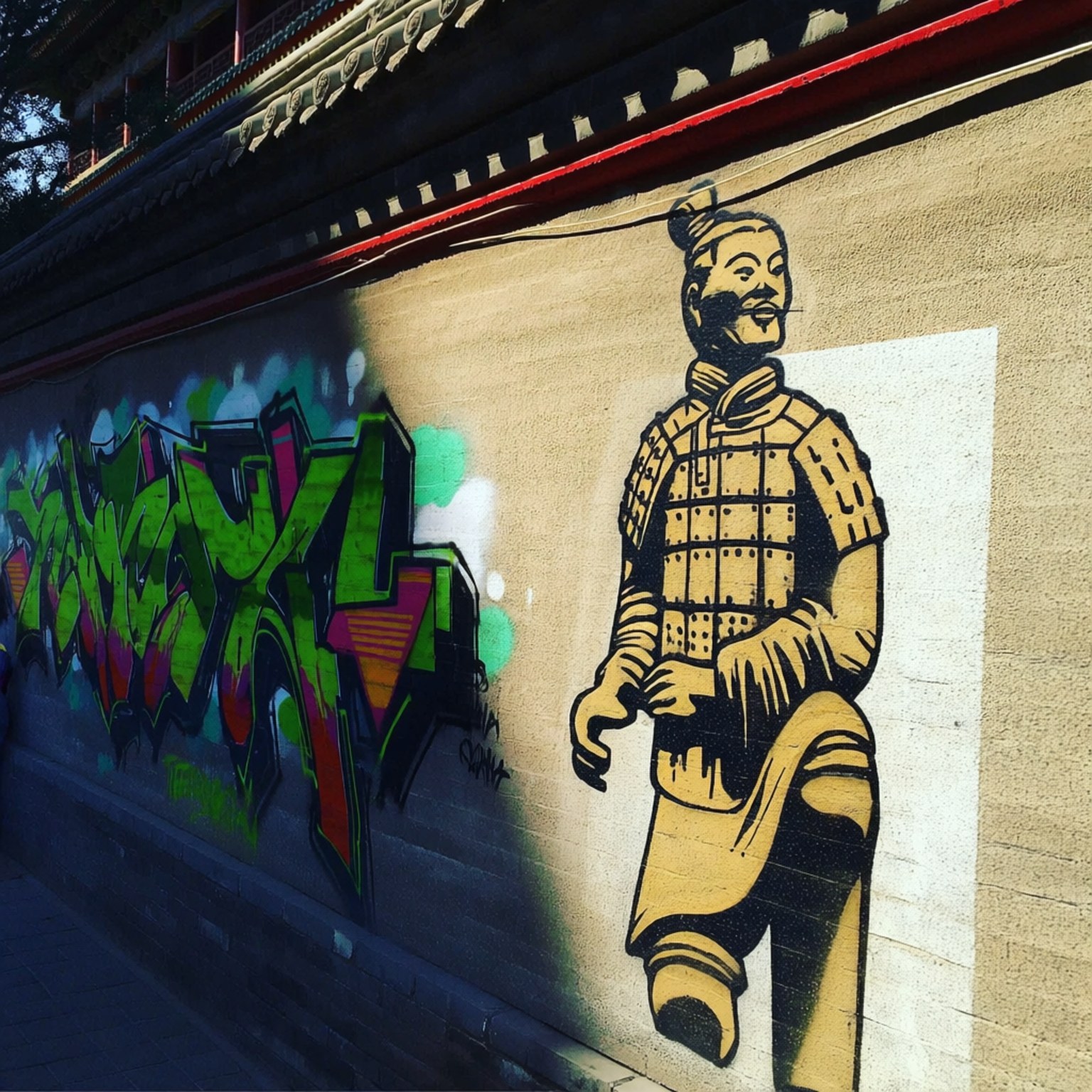 Warrior Graffiti 壁紙 — 一幅大膽的黃色兵馬俑壁畫，在傳統屋頂線下，矗立在陽光普照的城市牆上，旁邊是充滿活力的綠色塗鴉。