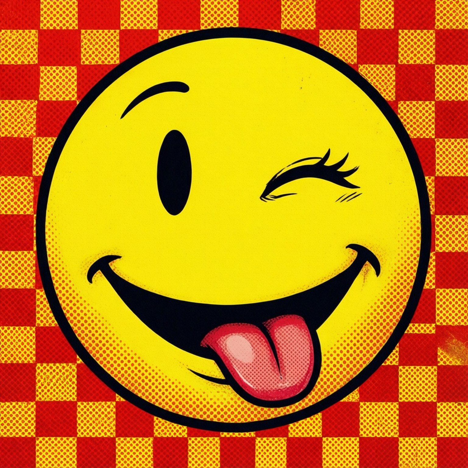 Wink Tongue Smiley 壁紙 — 一個大膽的黃色眨眼笑臉，伸出舌頭，背景為紅色和橙色棋盤格。