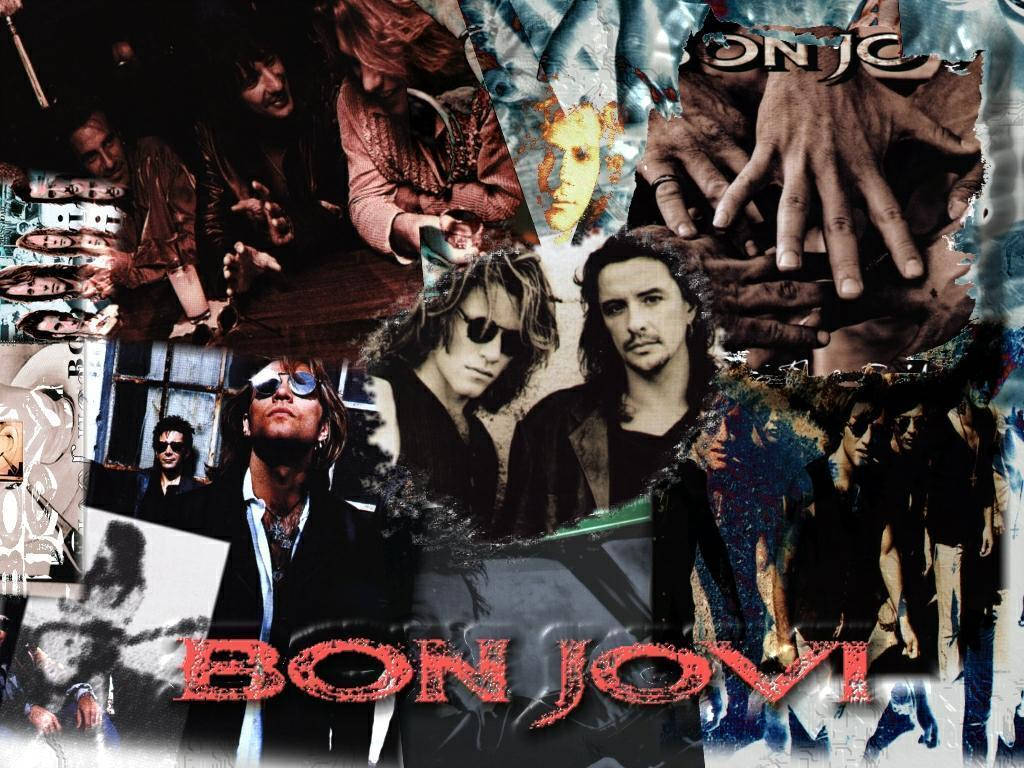 Rockstar 桌布 壁紙 — Bon Jovi 樂團成員以搖滾姿勢呈現的粗獷拼貼畫，帶有撕裂邊緣和粗體紅色文字。