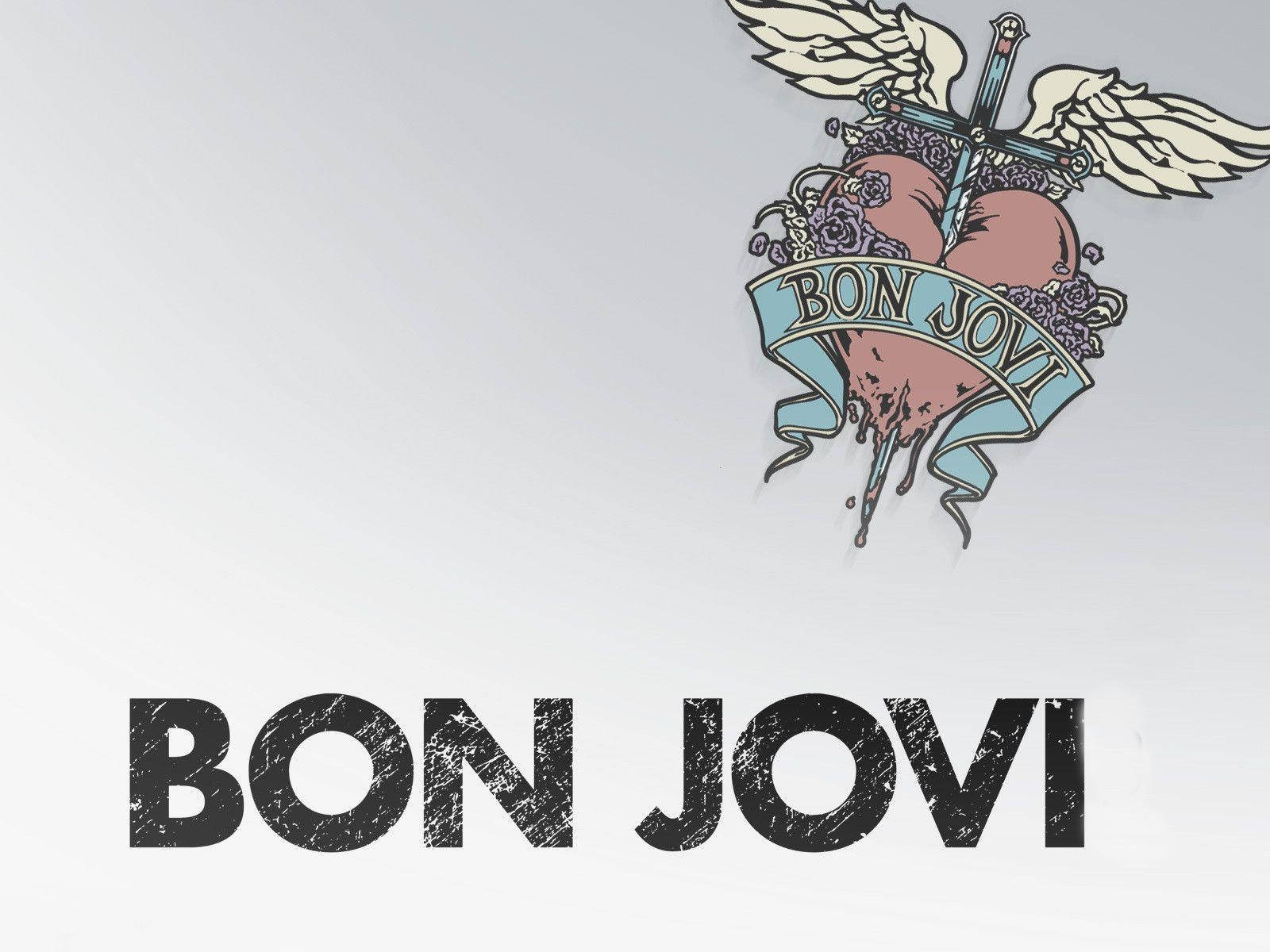 Rockstar 桌布 壁紙 — Bon Jovi 標誌，帶有帶翼十字架和流血的心，背景為淺灰色。