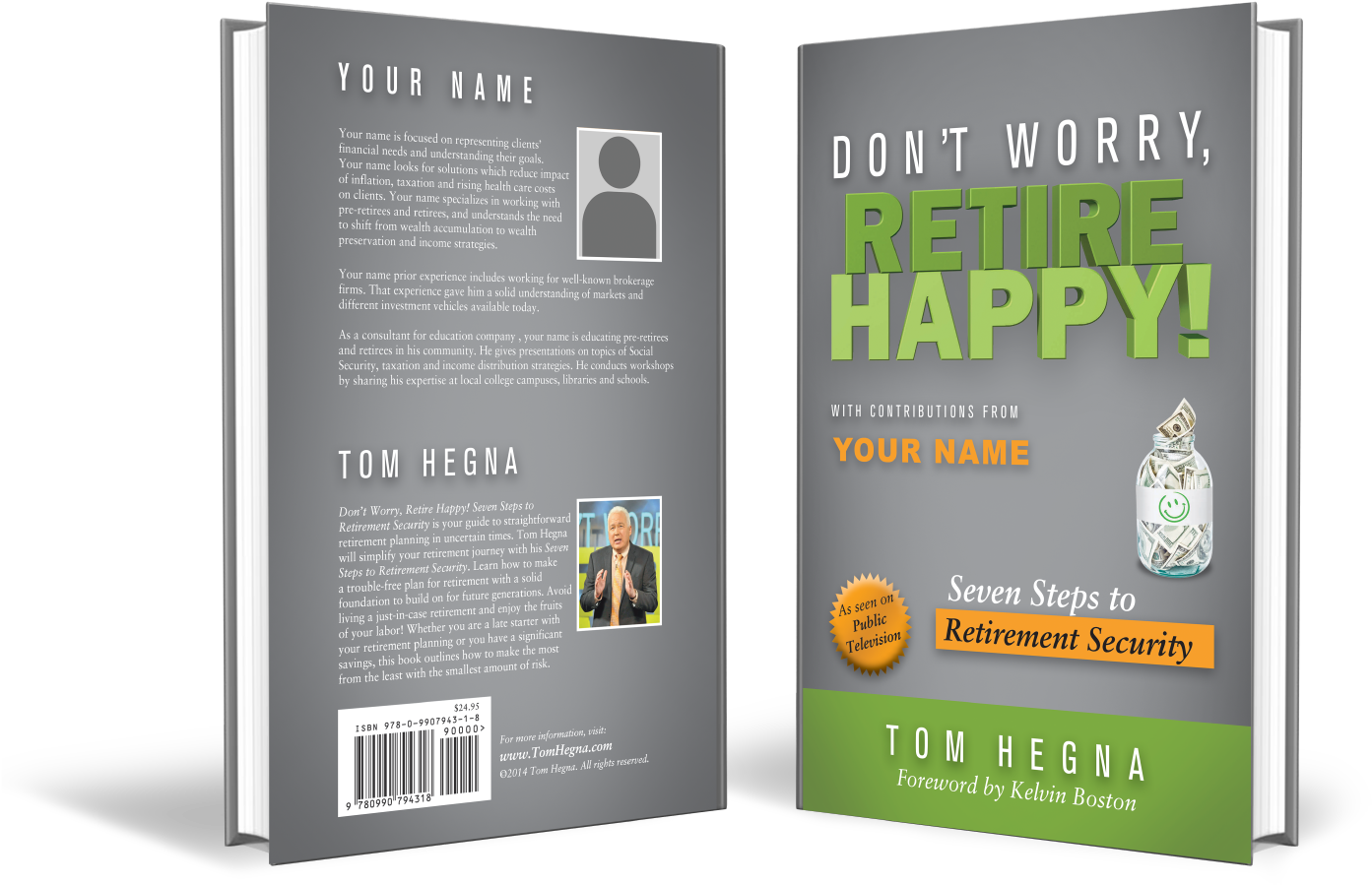 Retirement 桌布 壁紙 — 《Don't Worry, Retire Happy!》的書籍封面，採用粗體綠色標題、作者照片和灰色及綠色背景上的錢罐圖標。