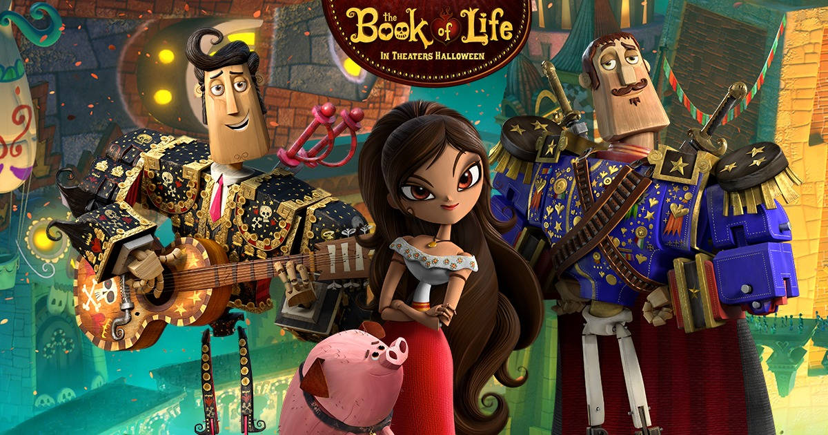 電影動圖 桌布 壁紙 — 《Book of Life》中充滿活力的動畫角色在色彩繽紛的墨西哥節日場景中英勇地擺出姿勢。