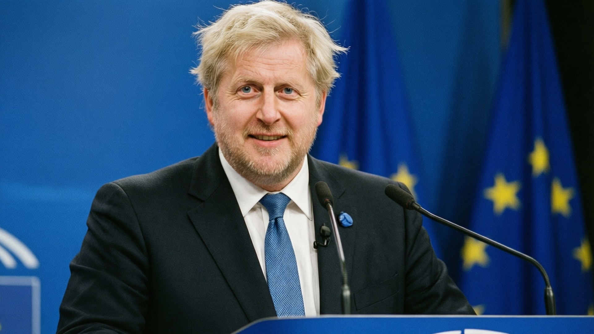 EU Summit Boris 壁紙 — 鮑里斯·強森在記者會上微笑，站在講台後面，身後有歐盟旗幟。