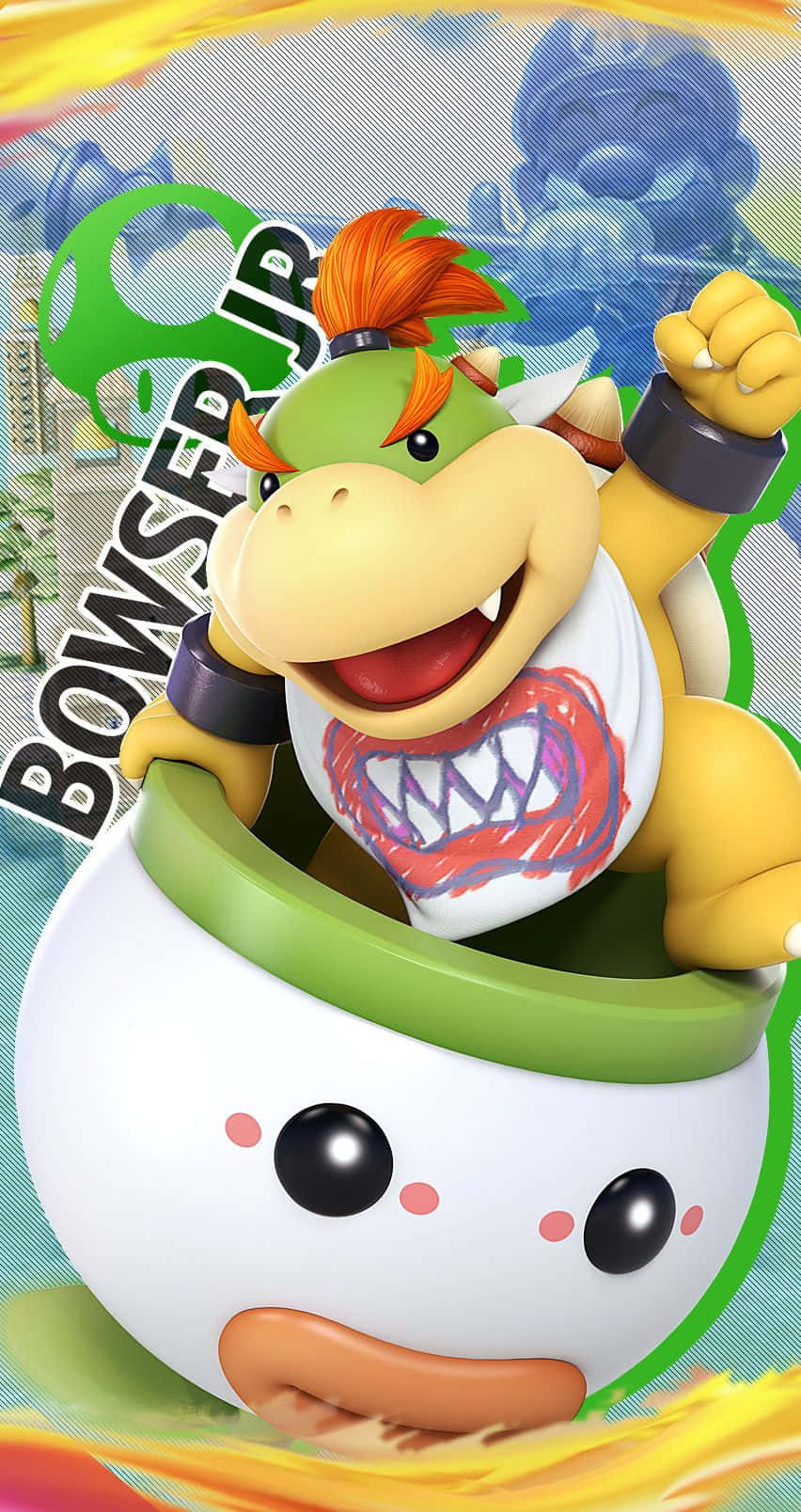 Bowser Jr 桌布 壁紙 — Bowser Jr. 在他的Koopa Clown Car上得意洋洋地笑著，背景是充滿活力的風格化遊戲場景。