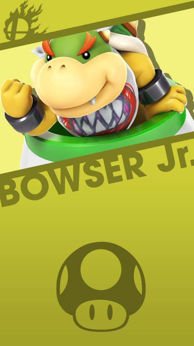 Bowser Jr 桌布 壁紙 — Bowser Jr. 在他的綠色龜殼車中，對著充滿活力的黃色漸變背景露出兇猛的笑容。