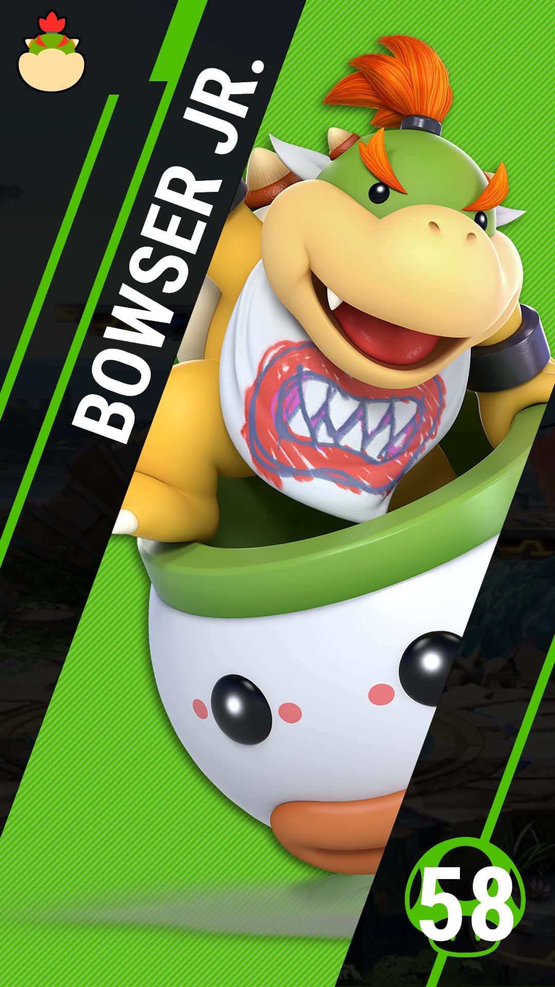 Bowser Jr 桌布 壁紙 — Bowser Jr. 在他綠色龜殼車上露出頑皮笑容，背景是充滿活力的綠色和黑色斜紋。