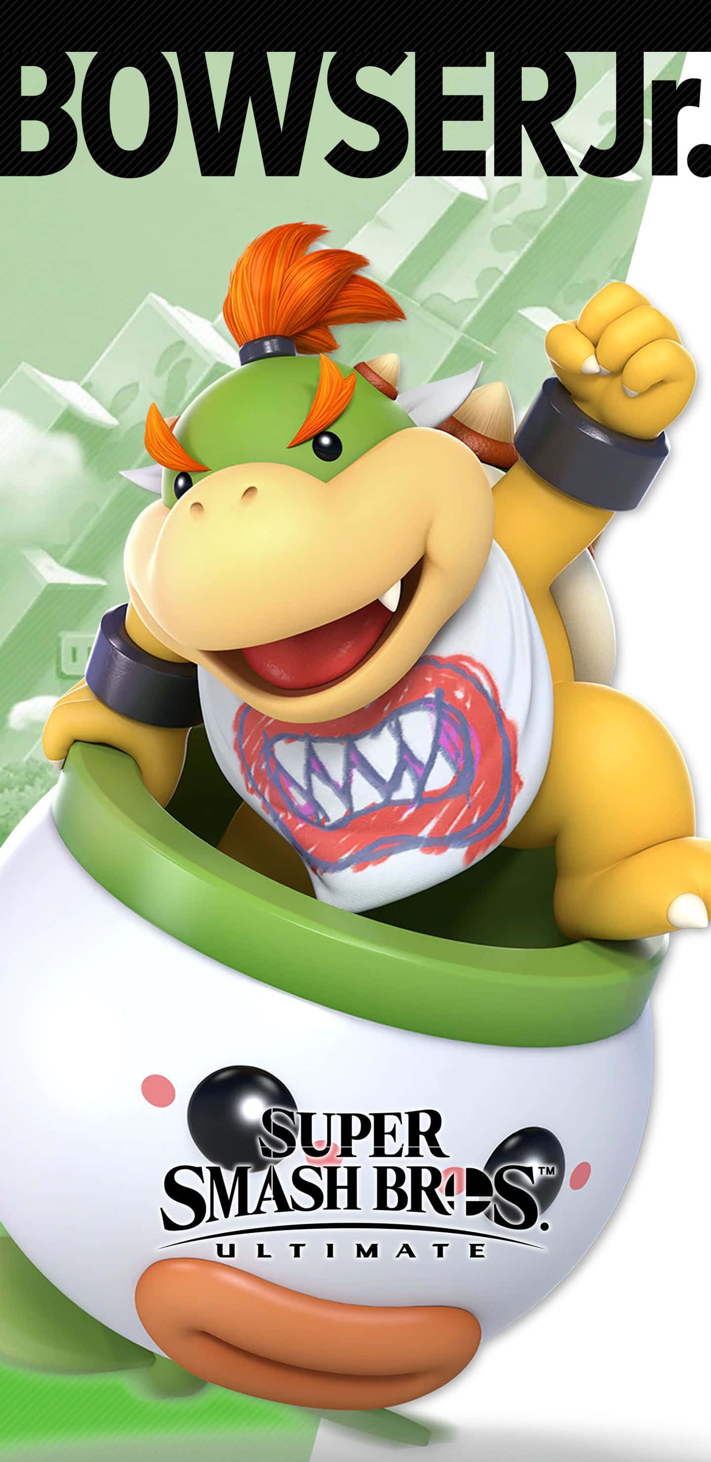Bowser Jr 桌布 壁紙 — Bowser Jr. 在充滿活力的 Super Smash Bros. Ultimate 宣傳圖片中，從他的綠色和白色外殼車上得意地咧嘴而笑。