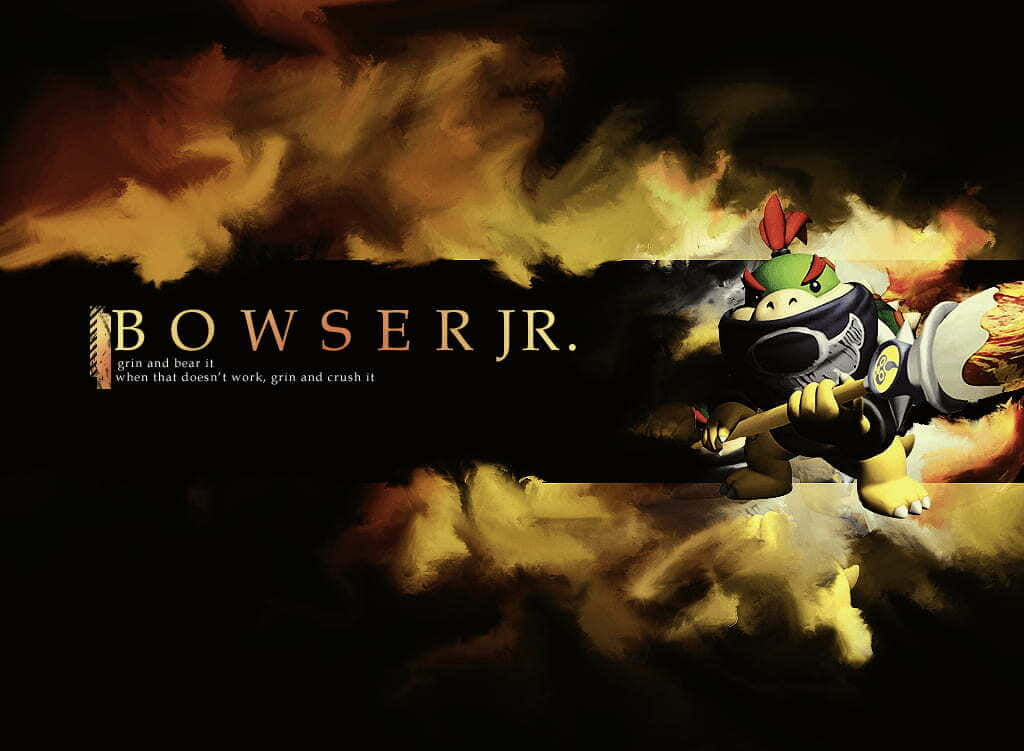Bowser Jr 桌布 壁紙 — Bowser Jr. 在戲劇性的橙色和黑色暴風雨天空下，用火錘向前衝。