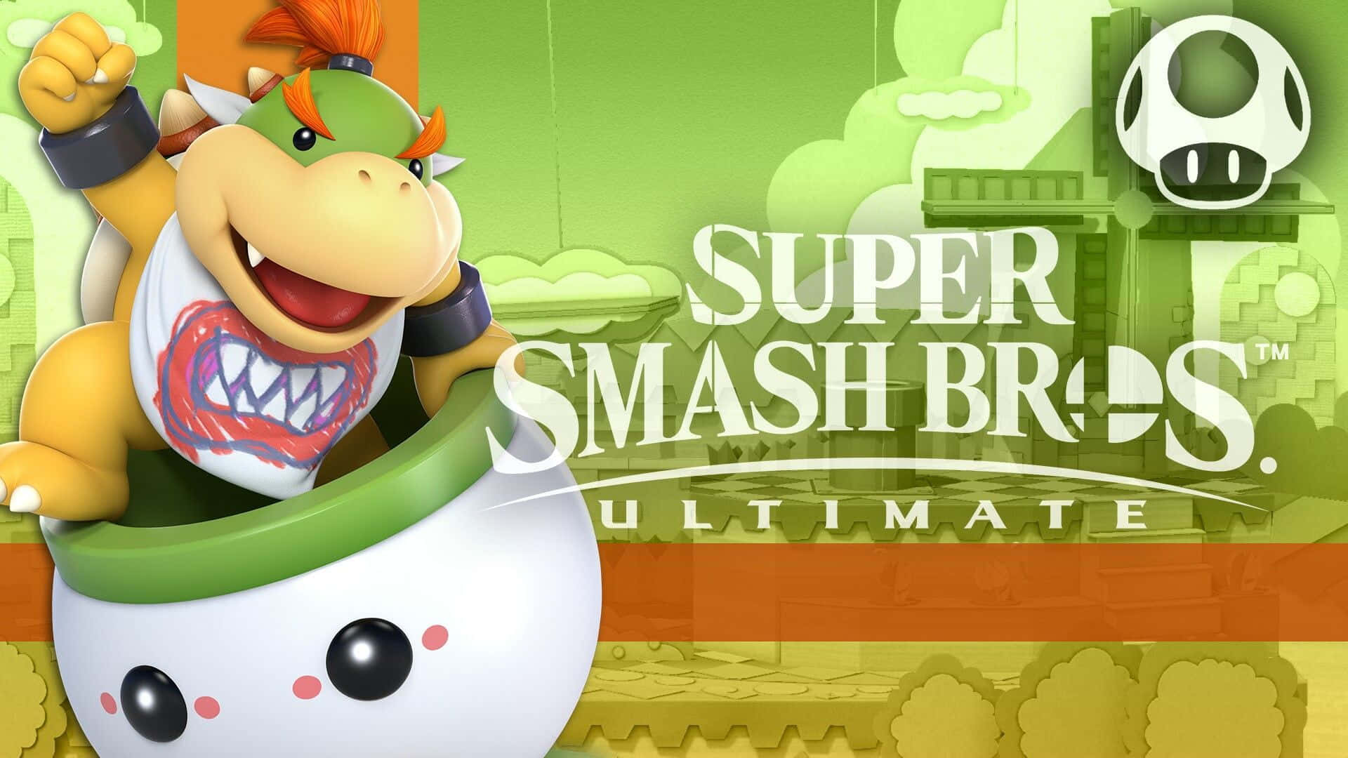 Bowser Jr 桌布 壁紙 — Bowser Jr. 在白色和綠色的膠囊中，在充滿活力的綠色背景上帶著 Super Smash Bros Ultimate 標誌勝利地微笑。