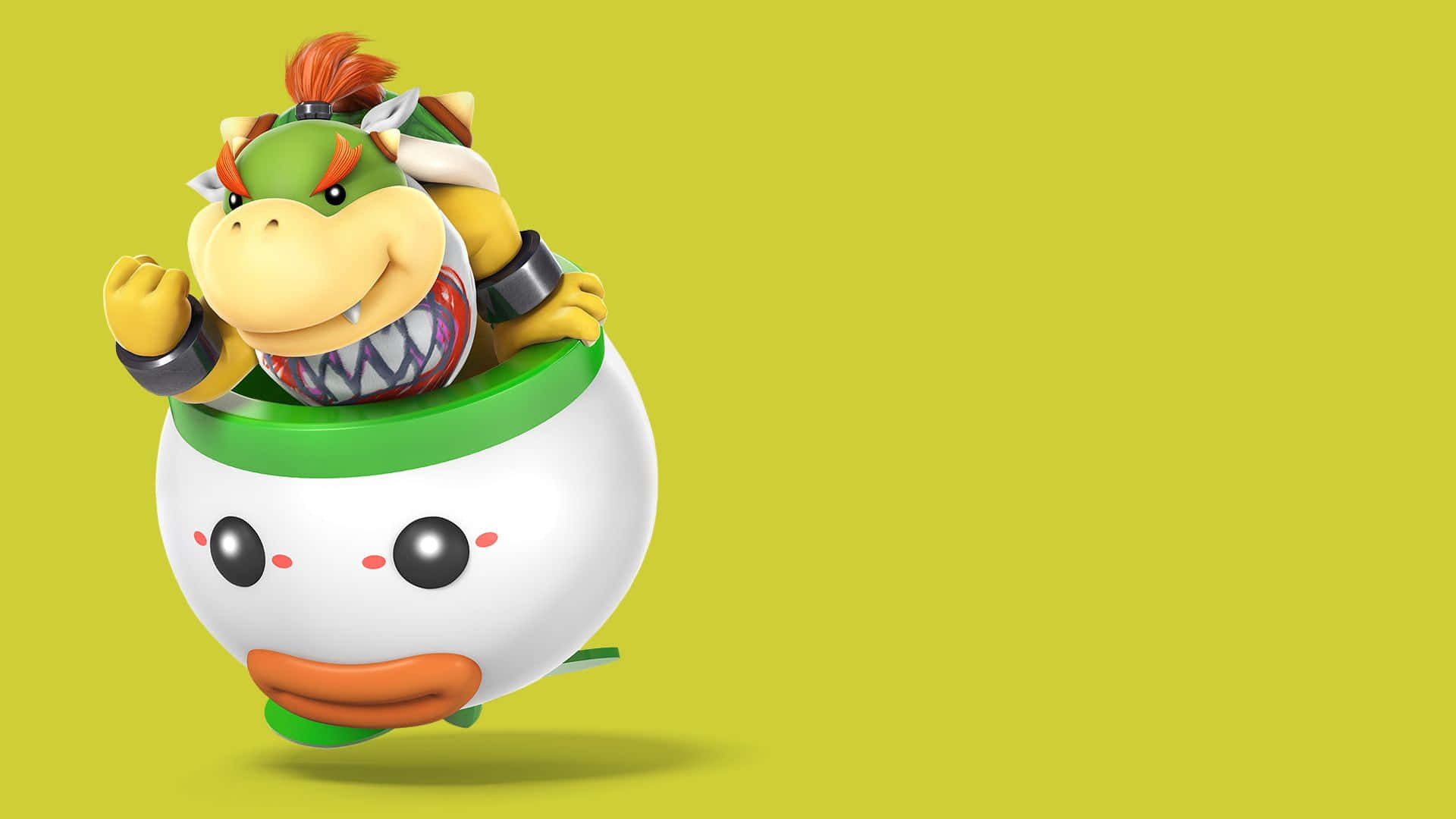 Bowser Jr 桌布 壁紙 — Bowser Jr. 在純青檸綠色背景前，在一個飛行的庫巴龜殼裡面露出頑皮的笑容。
