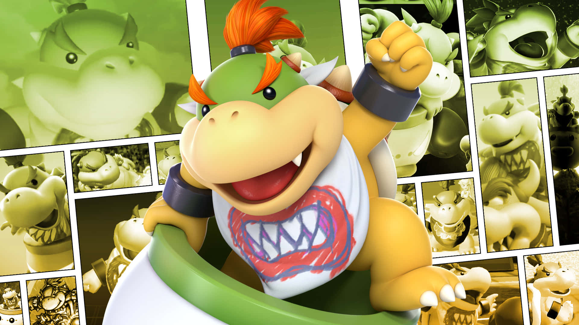 Bowser Jr 桌布 壁紙 — Bowser Jr. 在綠色龜殼中咧嘴而笑，得意洋洋，周圍是他綠色龜狀敵人的漫畫格。