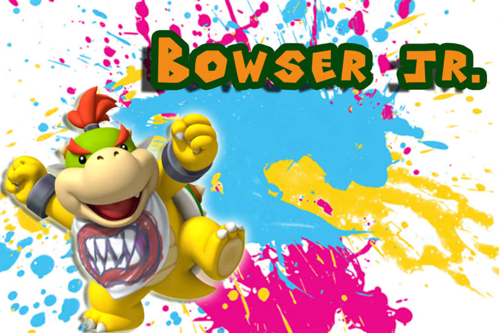 Bowser Jr 桌布 壁紙 — Bowser Jr. 在藍色、黃色和粉紅色油漆飛濺的鮮豔背景下咧嘴大笑。