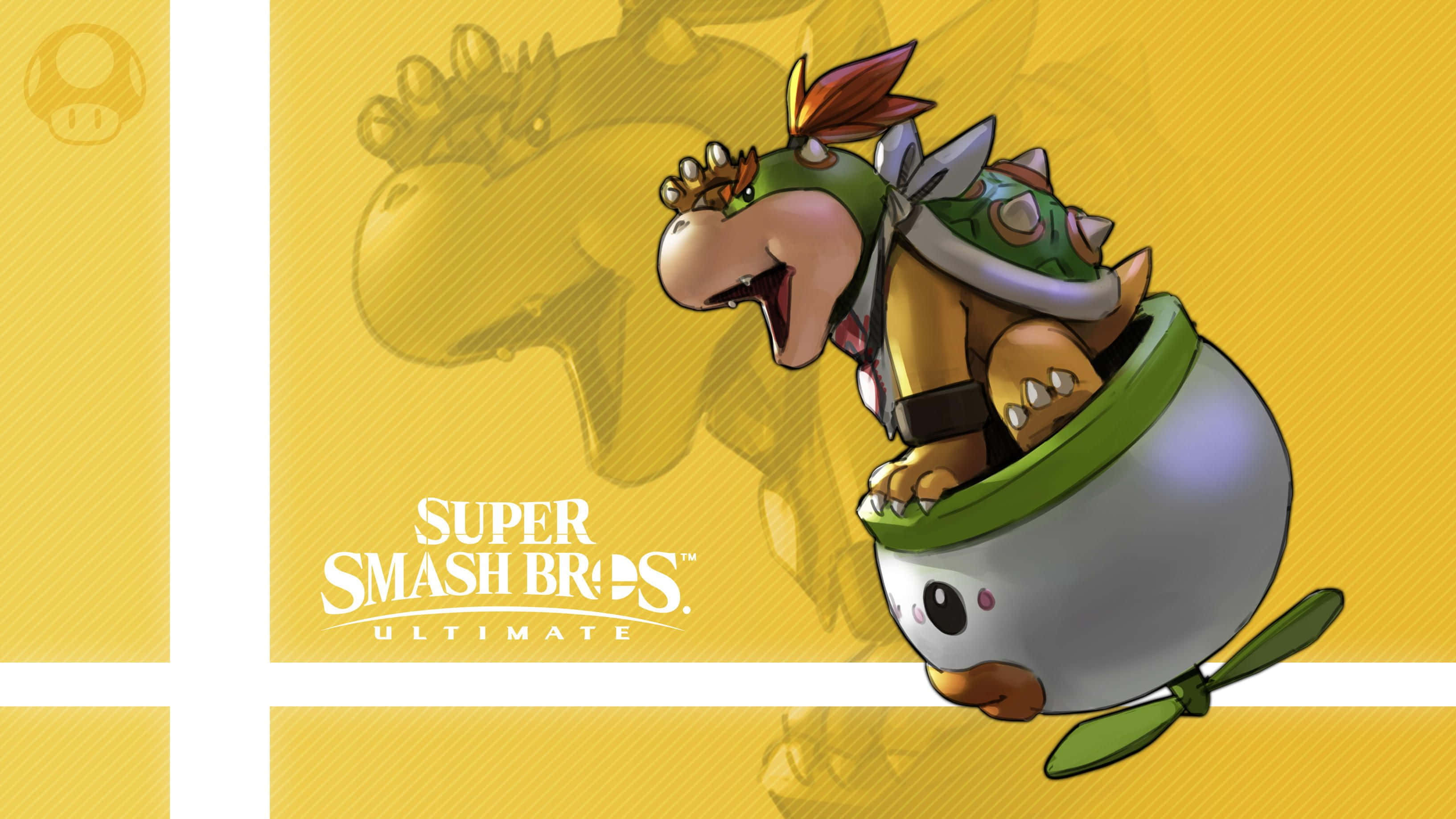 Bowser Jr 桌布 壁紙 — Bowser Jr. 在鮮黃色背景和遊戲標誌前，開心地騎著一個綠色和白色的庫巴龜殼。